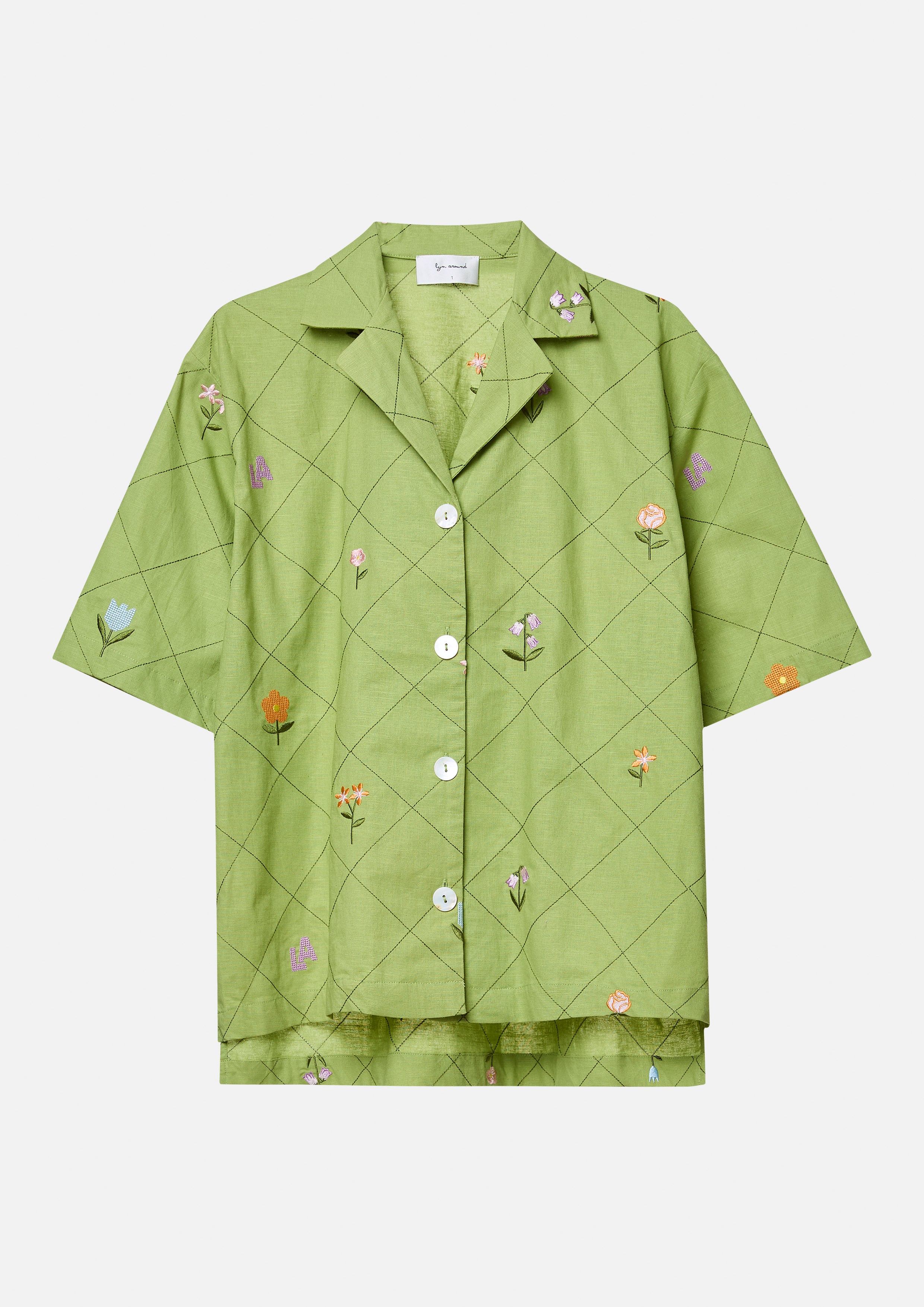 เสื้อเชิ้ต แขนสั้น ปักลายดอกไม้ ทรงโอเวอร์ไซส์ Folk Bloom