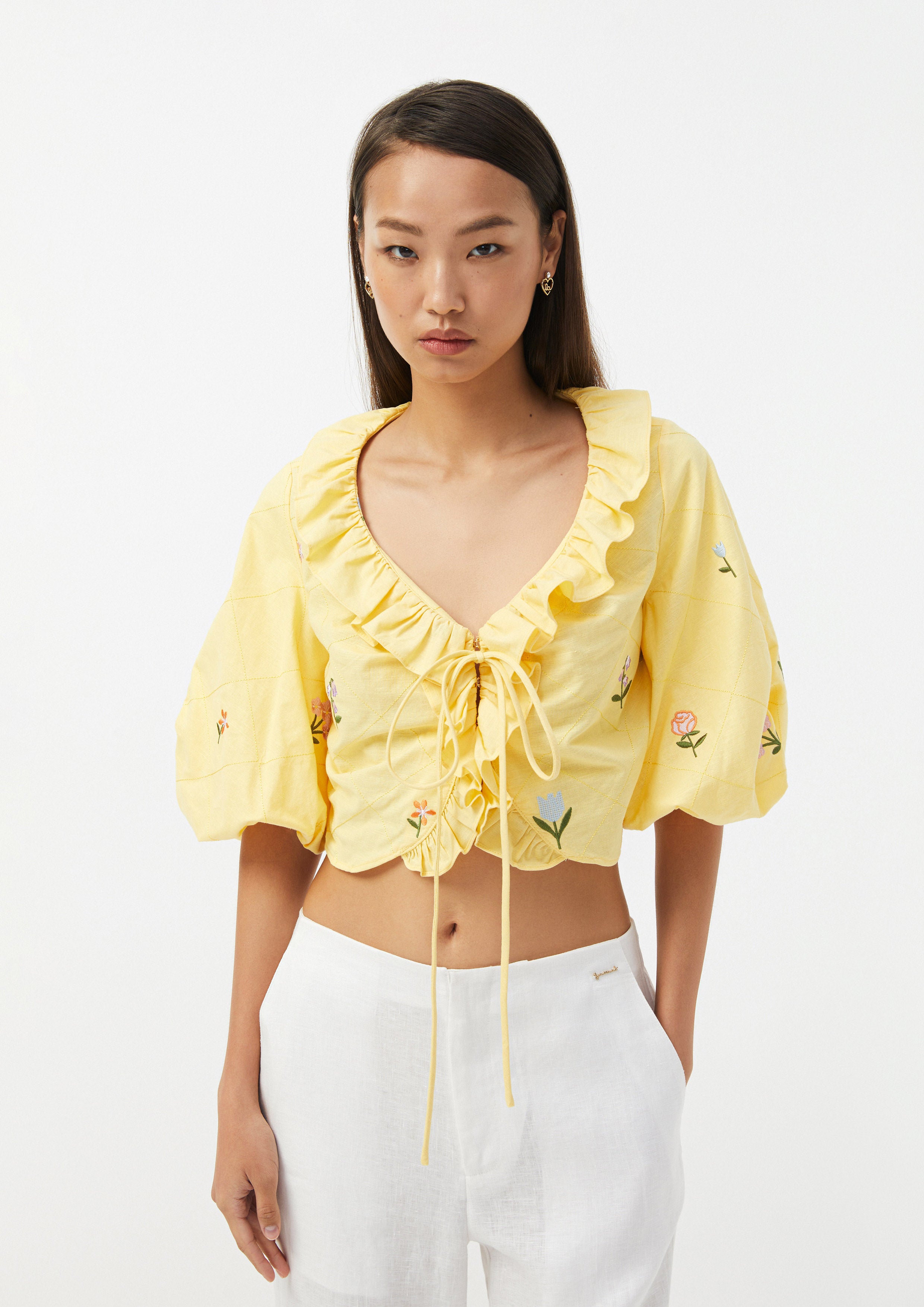 Floral Embroidered Ruffle Tie Crop Top Folk Bloom