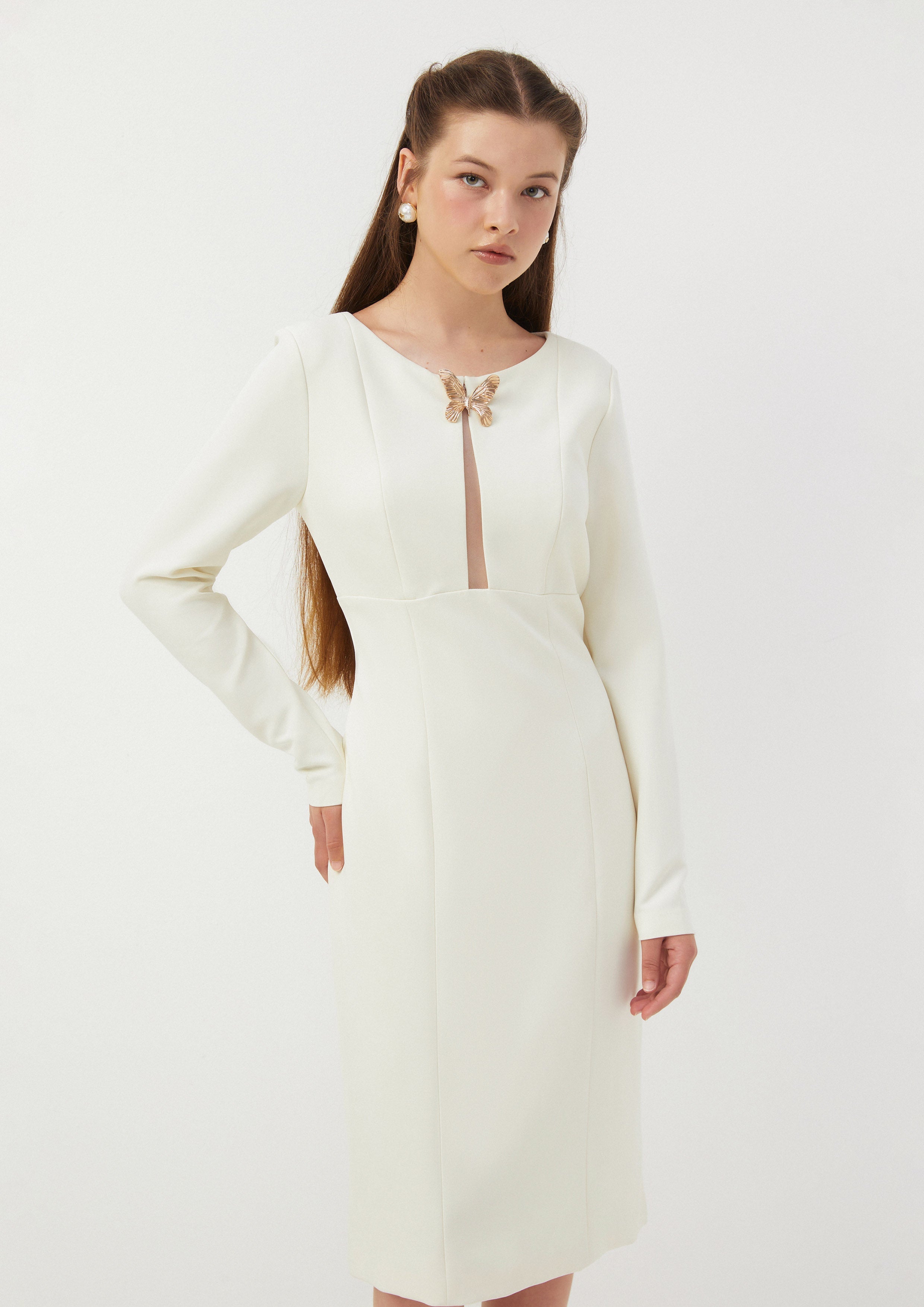 Butterfly Accent Long Sleeve Fitted Dress Butterfly Glimmer