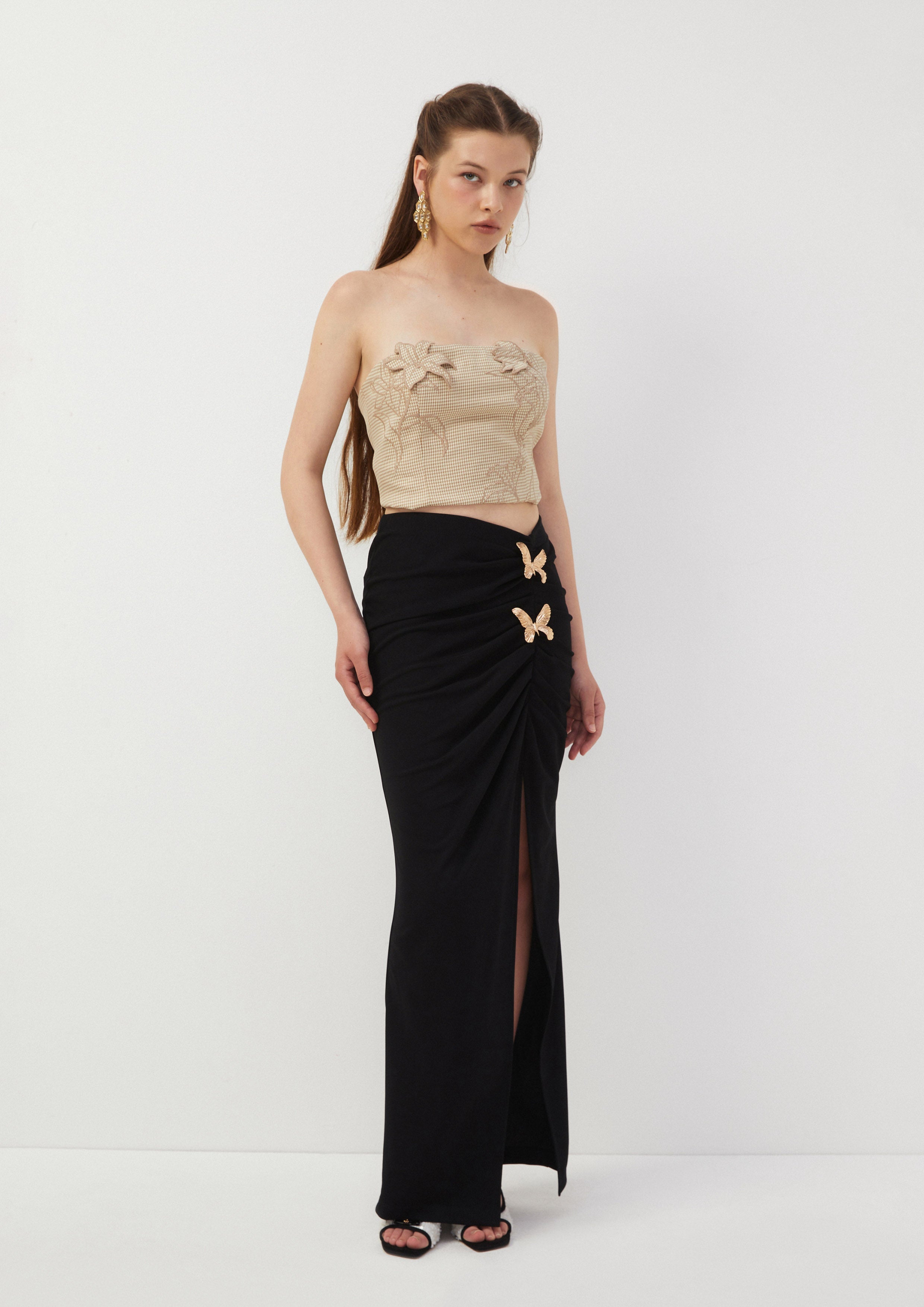 Ruched Butterfly Accent Maxi Skirt Butterfly Glimmer