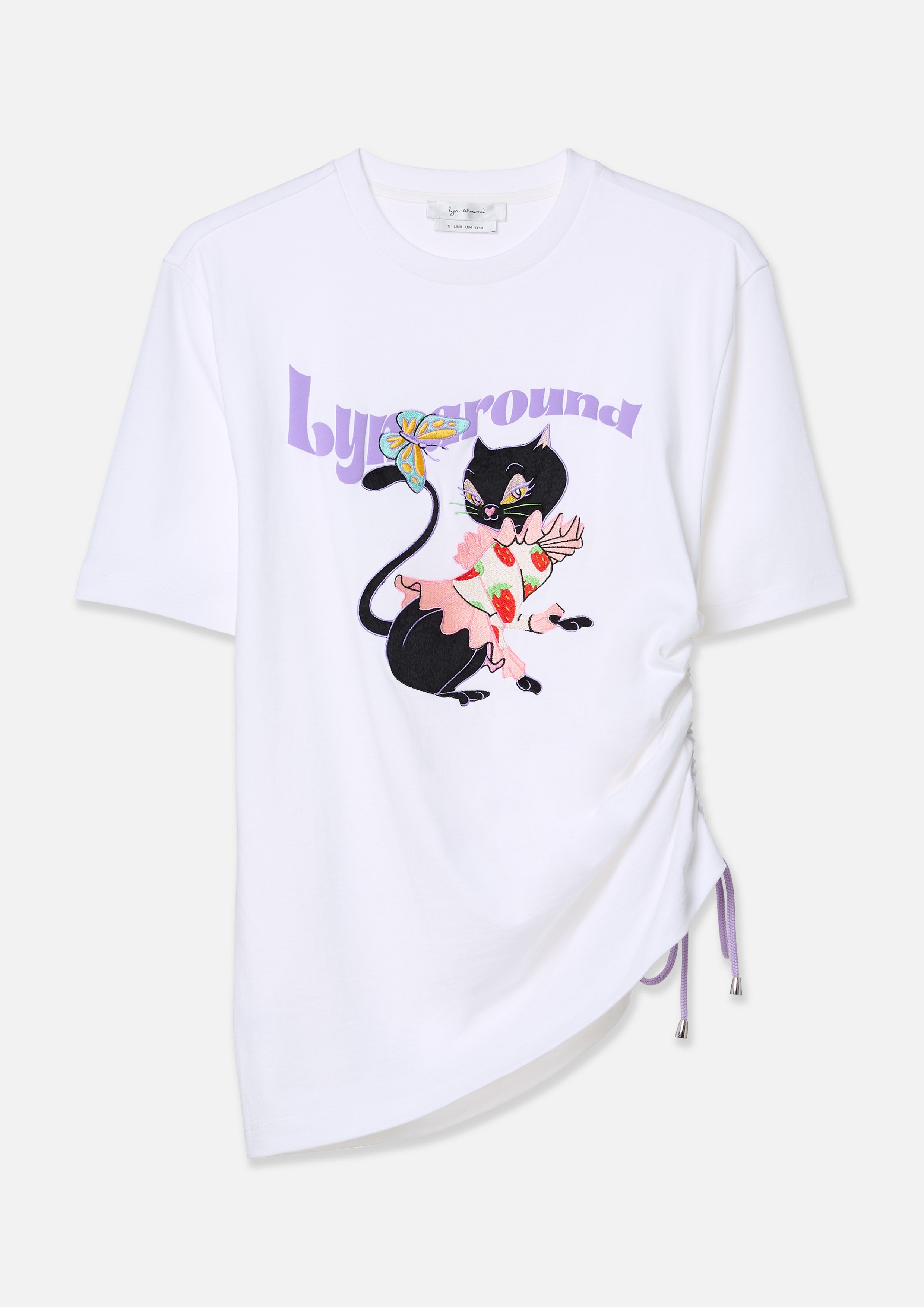 เสื้อยืด พิมพ์ลายแมวดำ แต่งเชือกผูกข้าง Tartan Lover