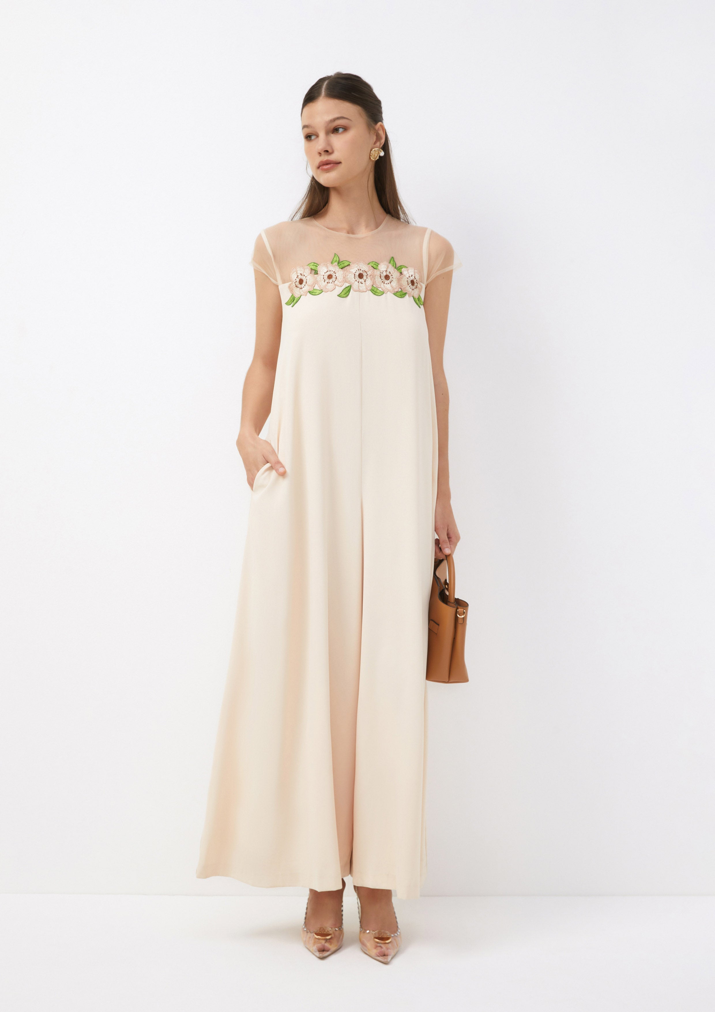 Sheer-Panel Floral Embroidered Wide-Leg Jumpsuit Living Life In Full Bloom