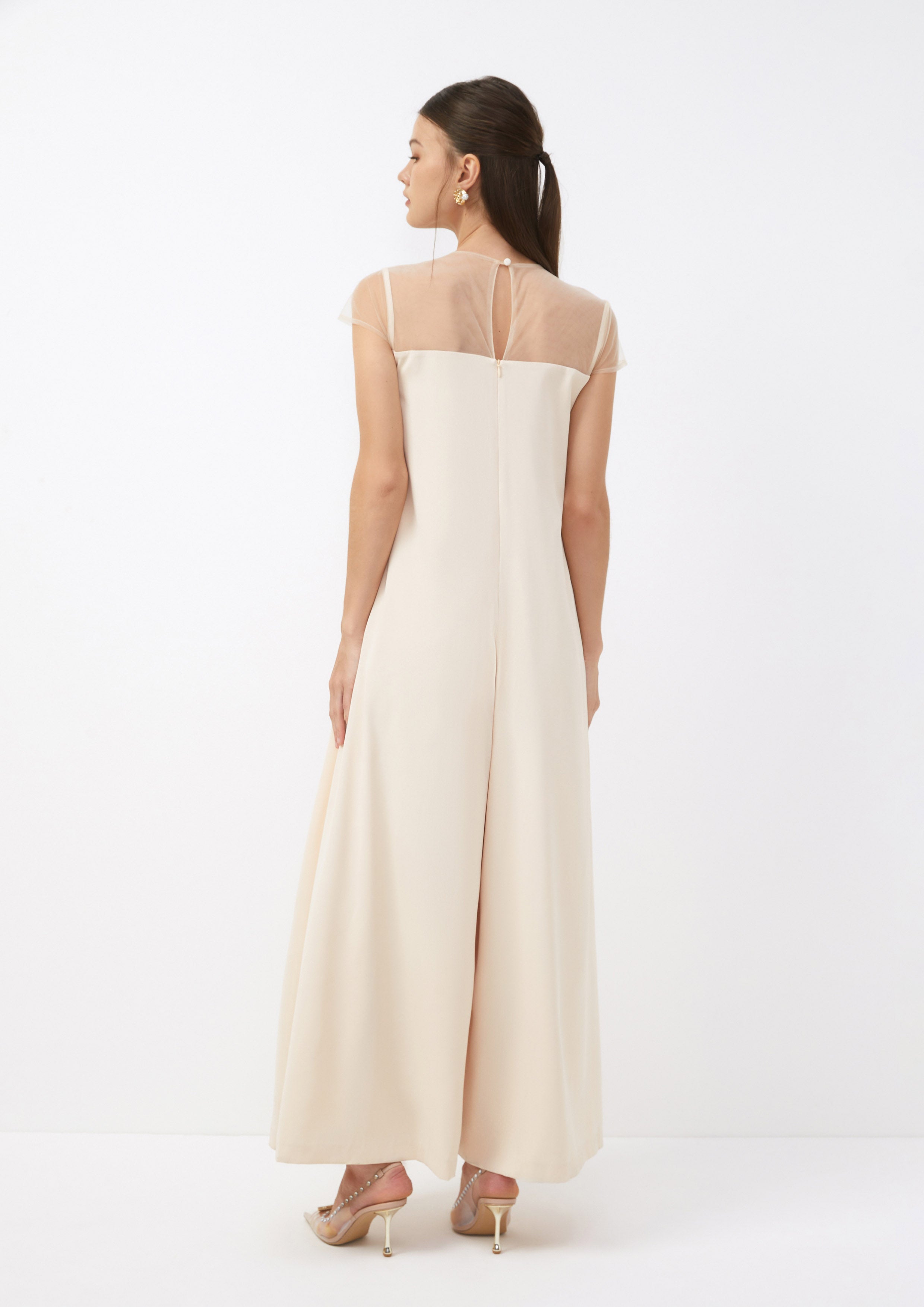 Sheer-Panel Floral Embroidered Wide-Leg Jumpsuit Living Life In Full Bloom