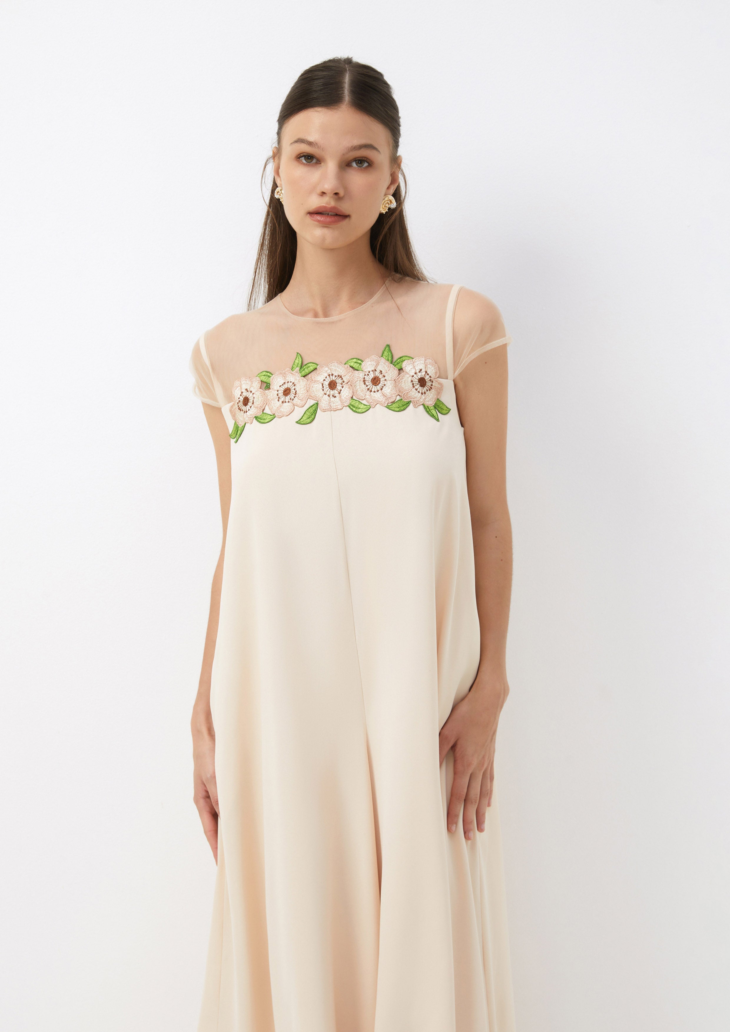 Sheer-Panel Floral Embroidered Wide-Leg Jumpsuit Living Life In Full Bloom