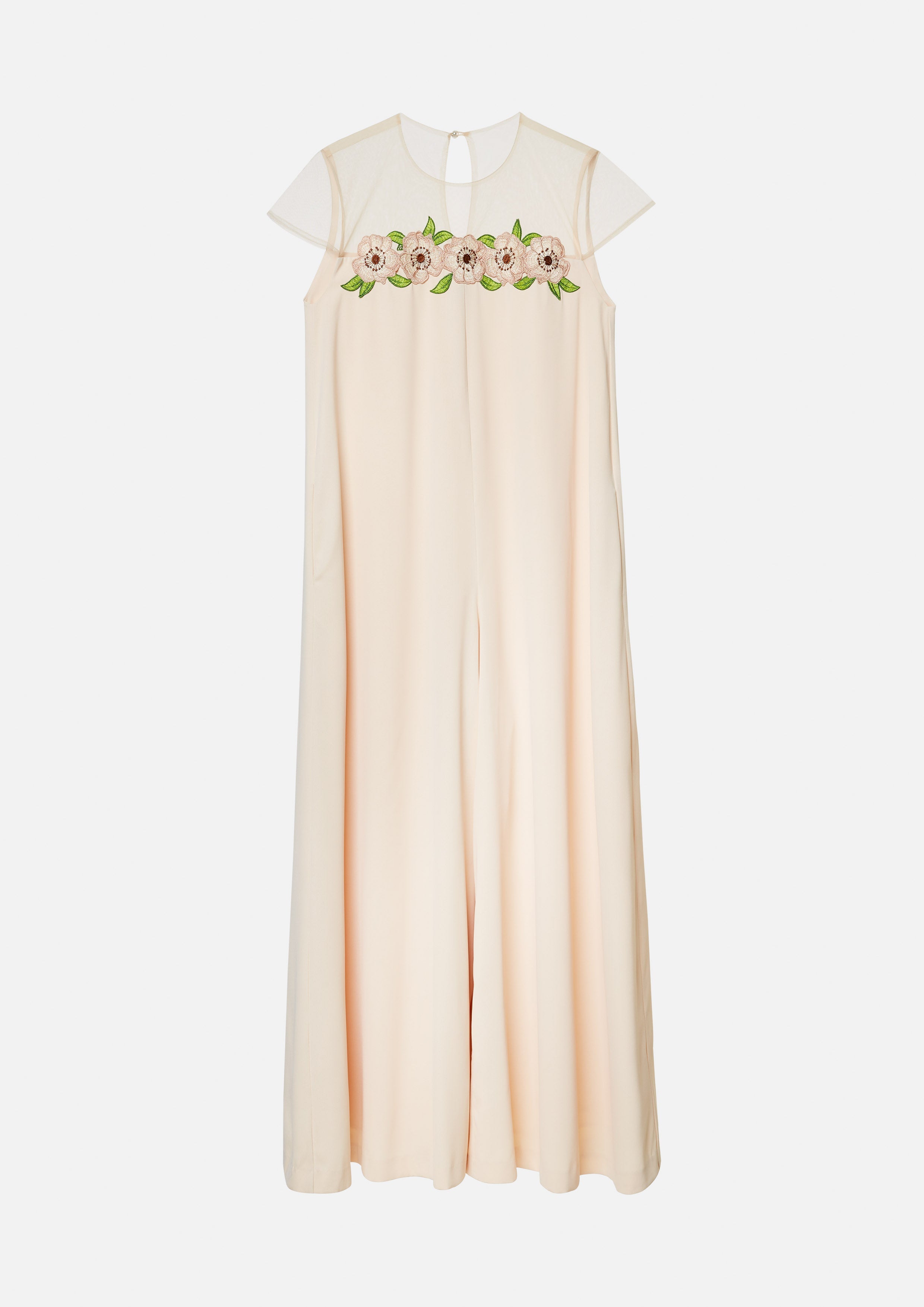 Sheer-Panel Floral Embroidered Wide-Leg Jumpsuit Living Life In Full Bloom