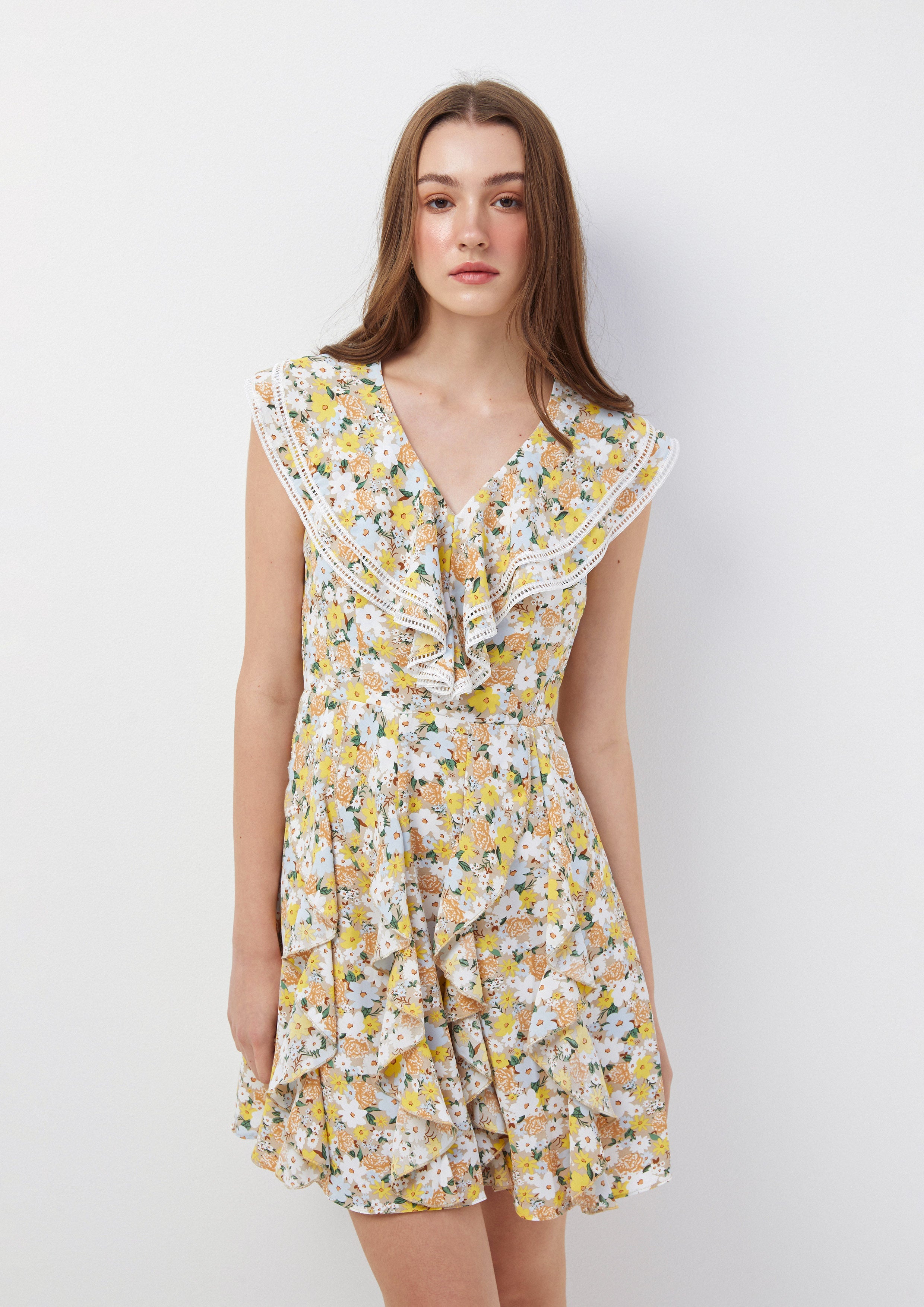 Ruffled Collar Floral Mini Dress Blooms and Blessings