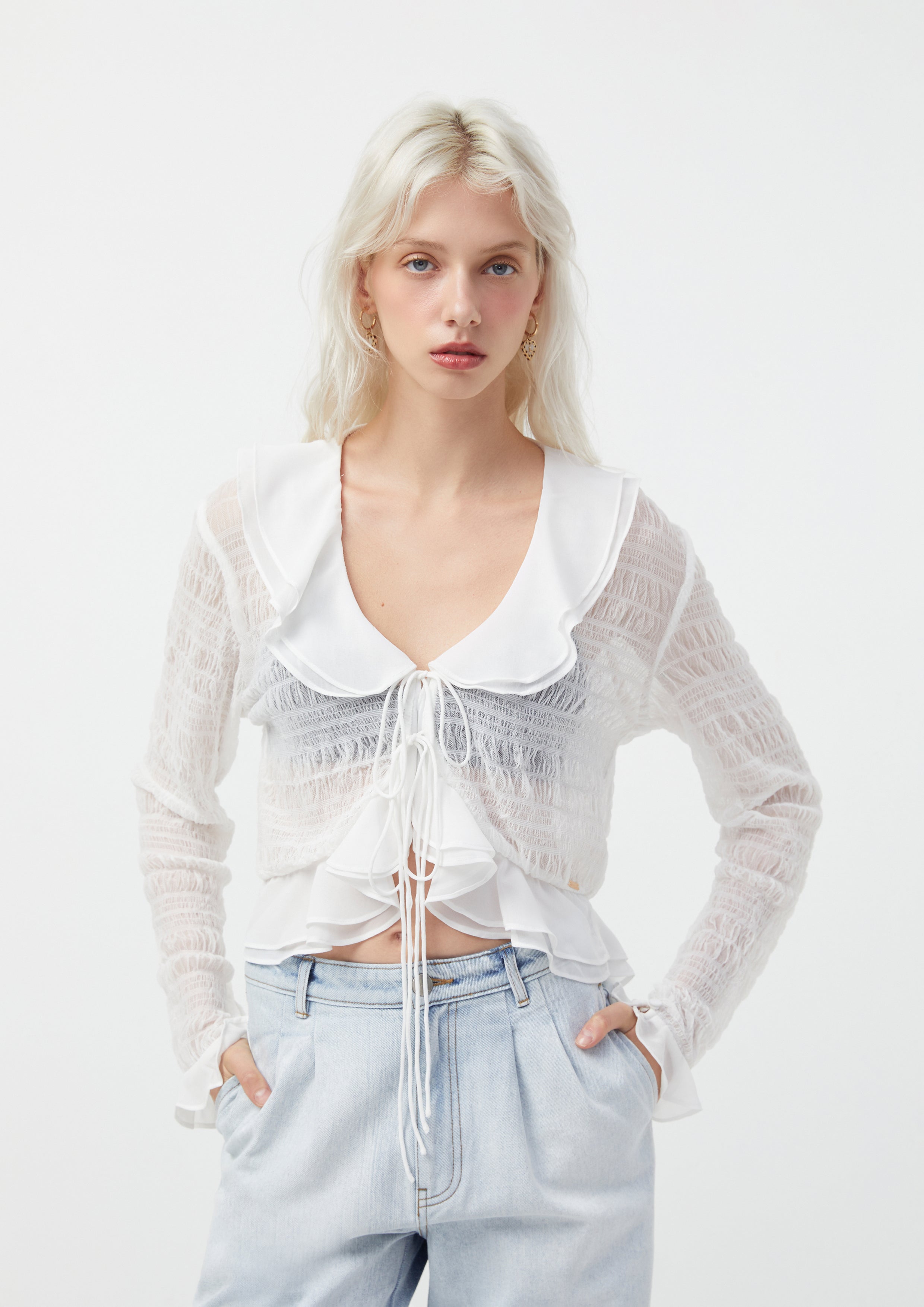 Ruffled Tie-Front Sheer Blouse Blooms and Blessings