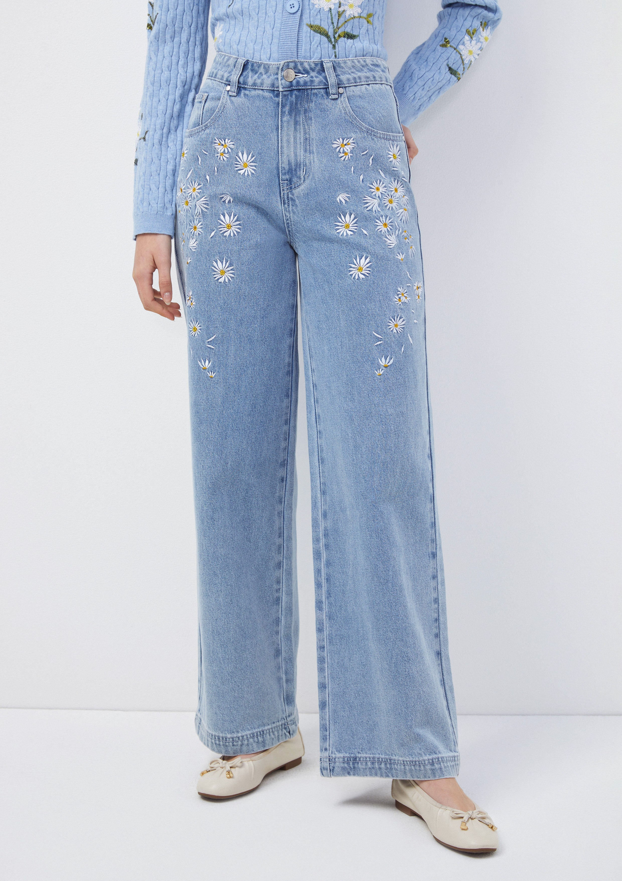 Wide-Leg Embroidered Daisy Jeans Oopsie Daisy