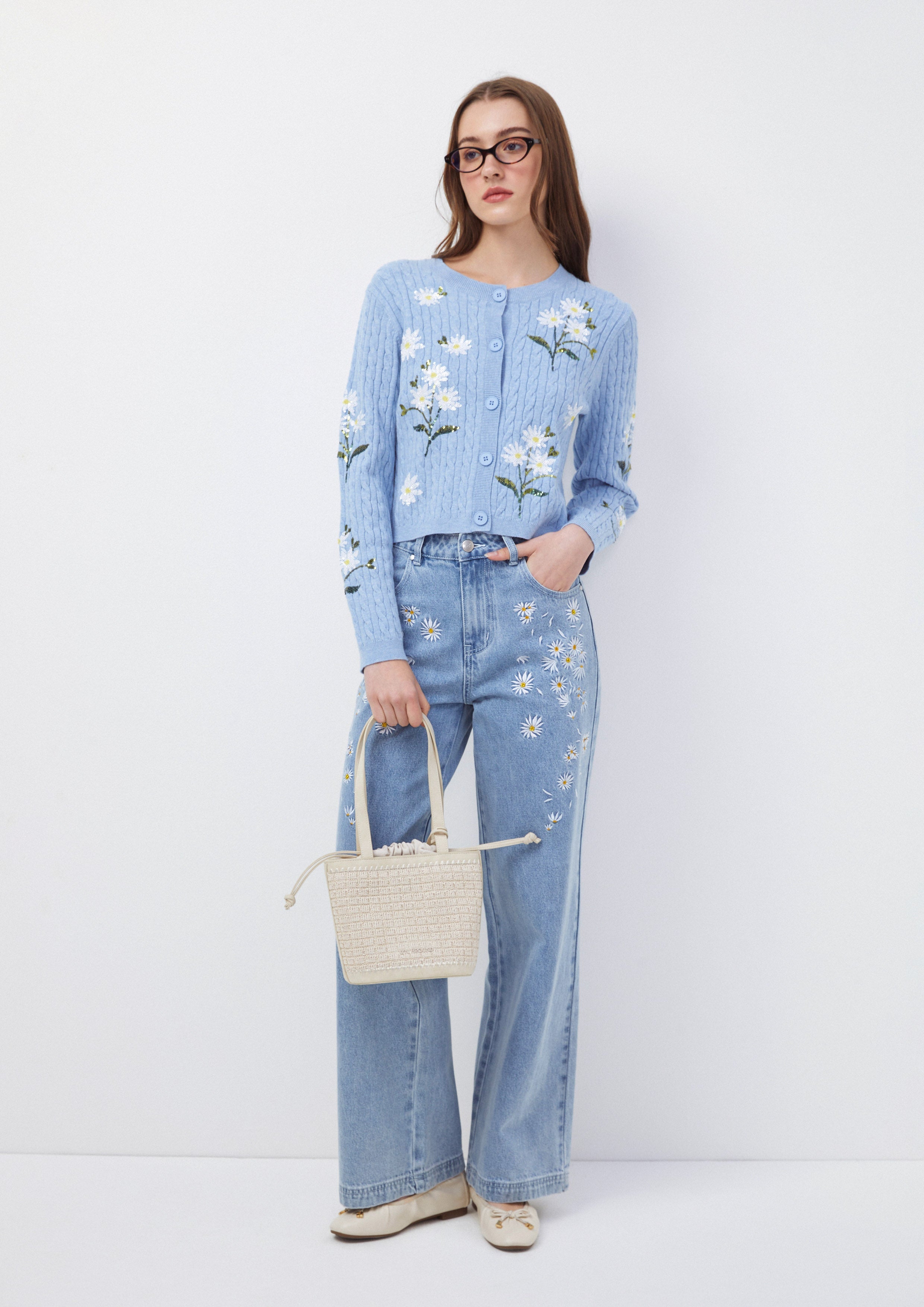 Wide-Leg Embroidered Daisy Jeans Oopsie Daisy