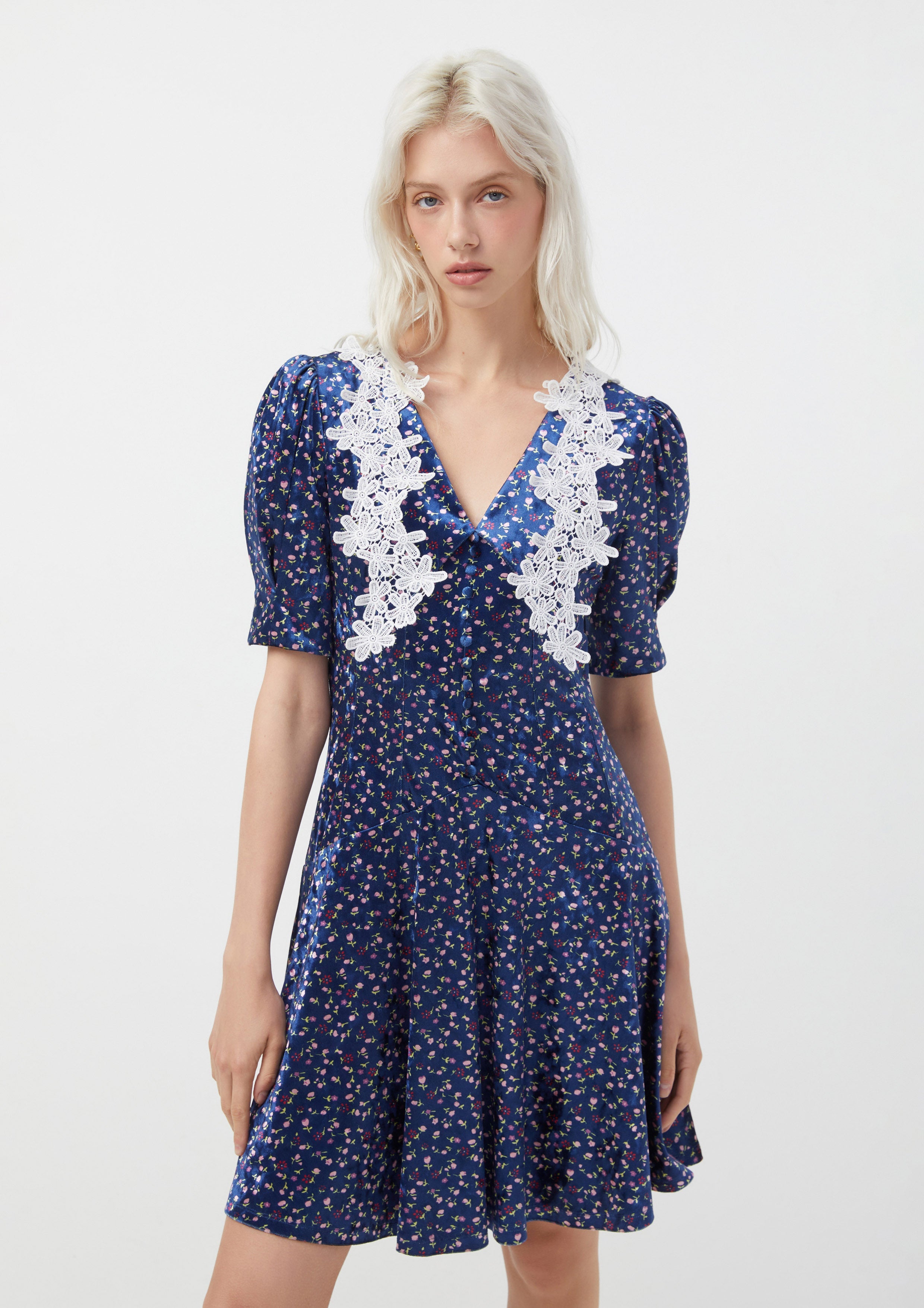 Velvet Floral Lace Trim Mini Dress Blooms and Blessings