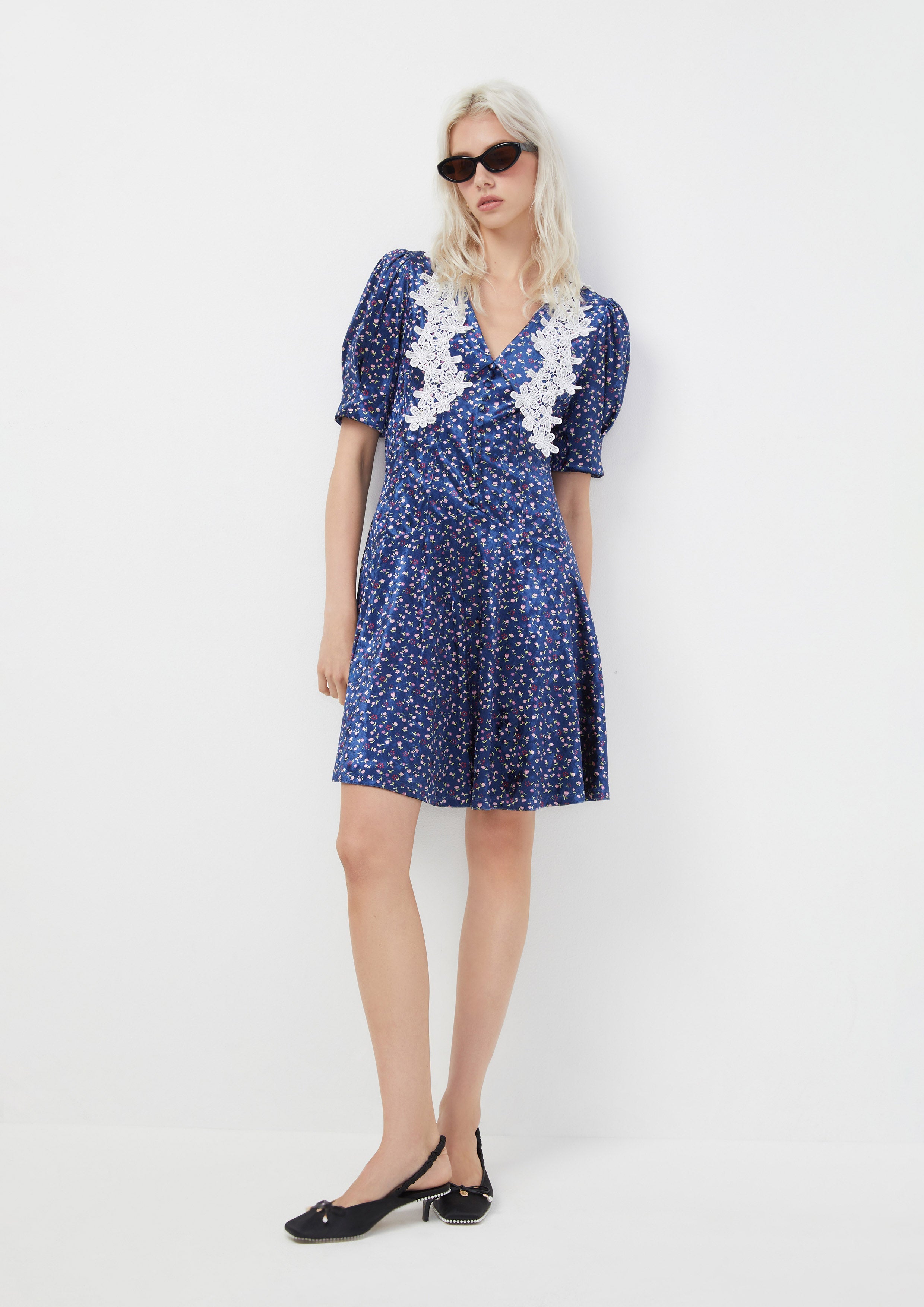 Velvet Floral Lace Trim Mini Dress Blooms and Blessings