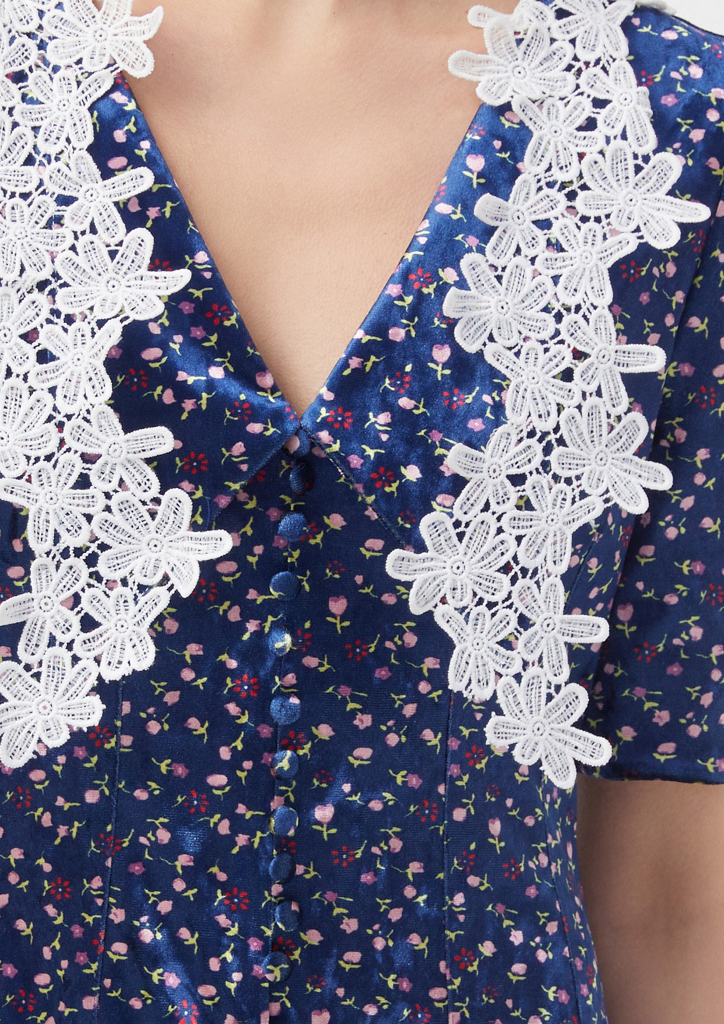 Velvet Floral Lace Trim Mini Dress Blooms and Blessings