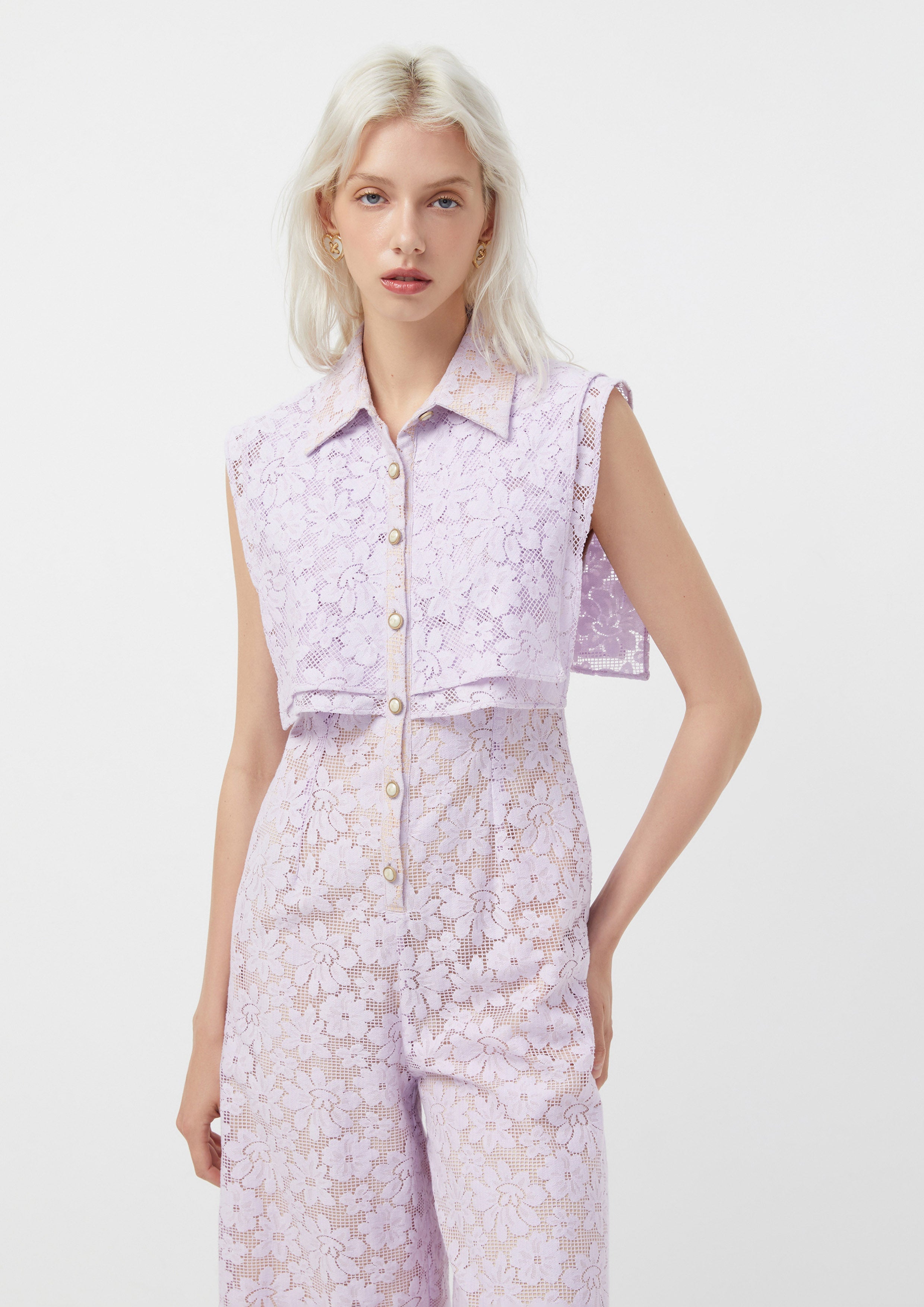 Floral Lace Sleeveless Jumpsuit with Overlay Collar Blooms and Blessings
