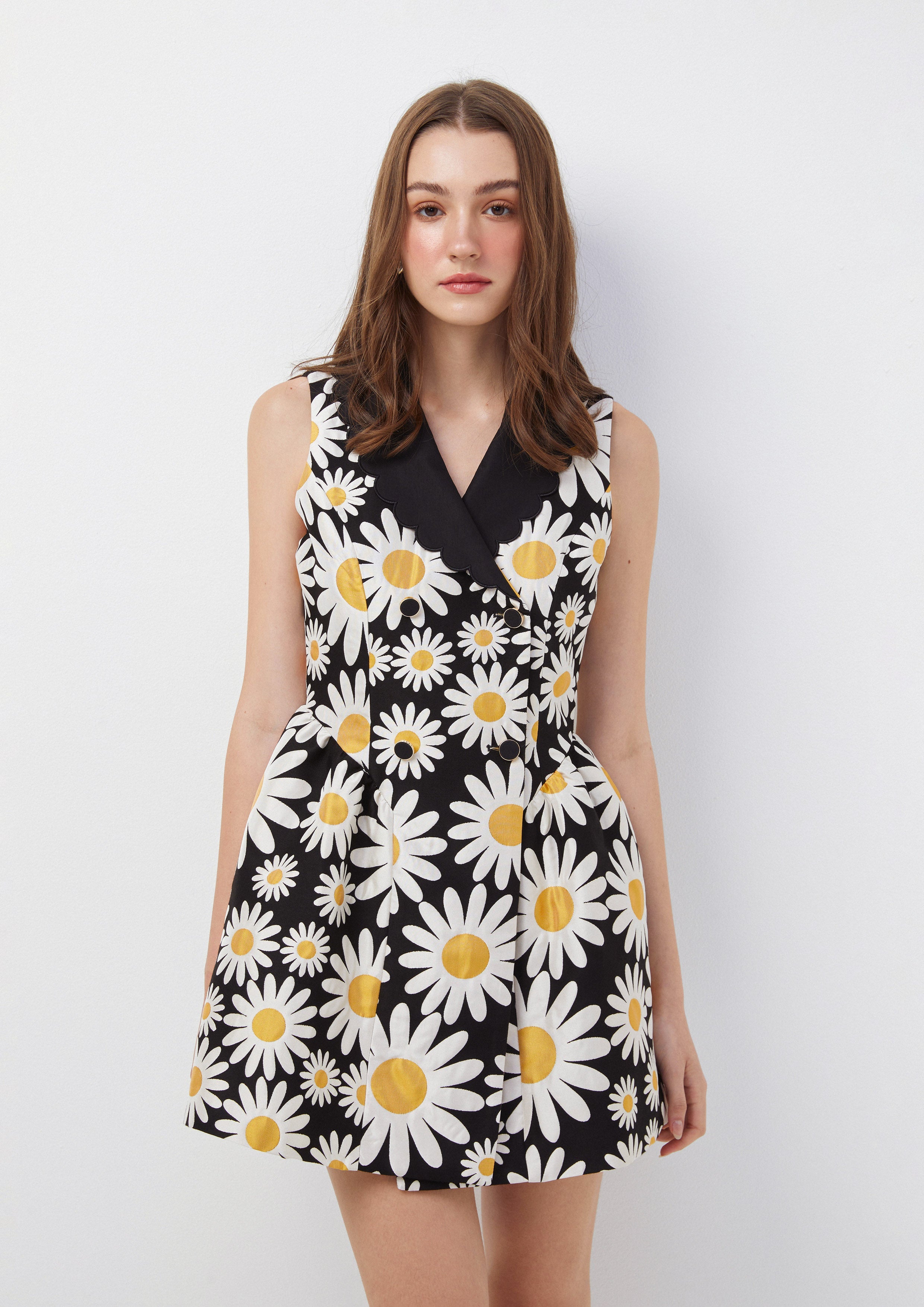 Sleeveless Daisy Print Mini Dress with Scalloped Collar Oopsie Daisy