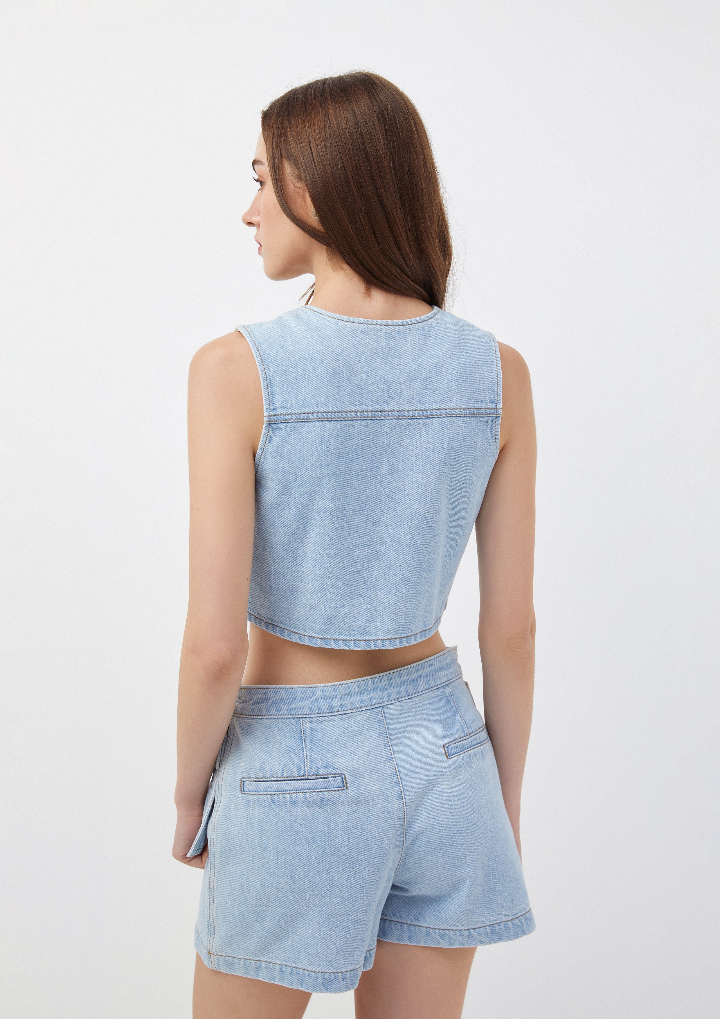 Denim Cropped Vest with Front Patch Pockets Oopsie Daisy