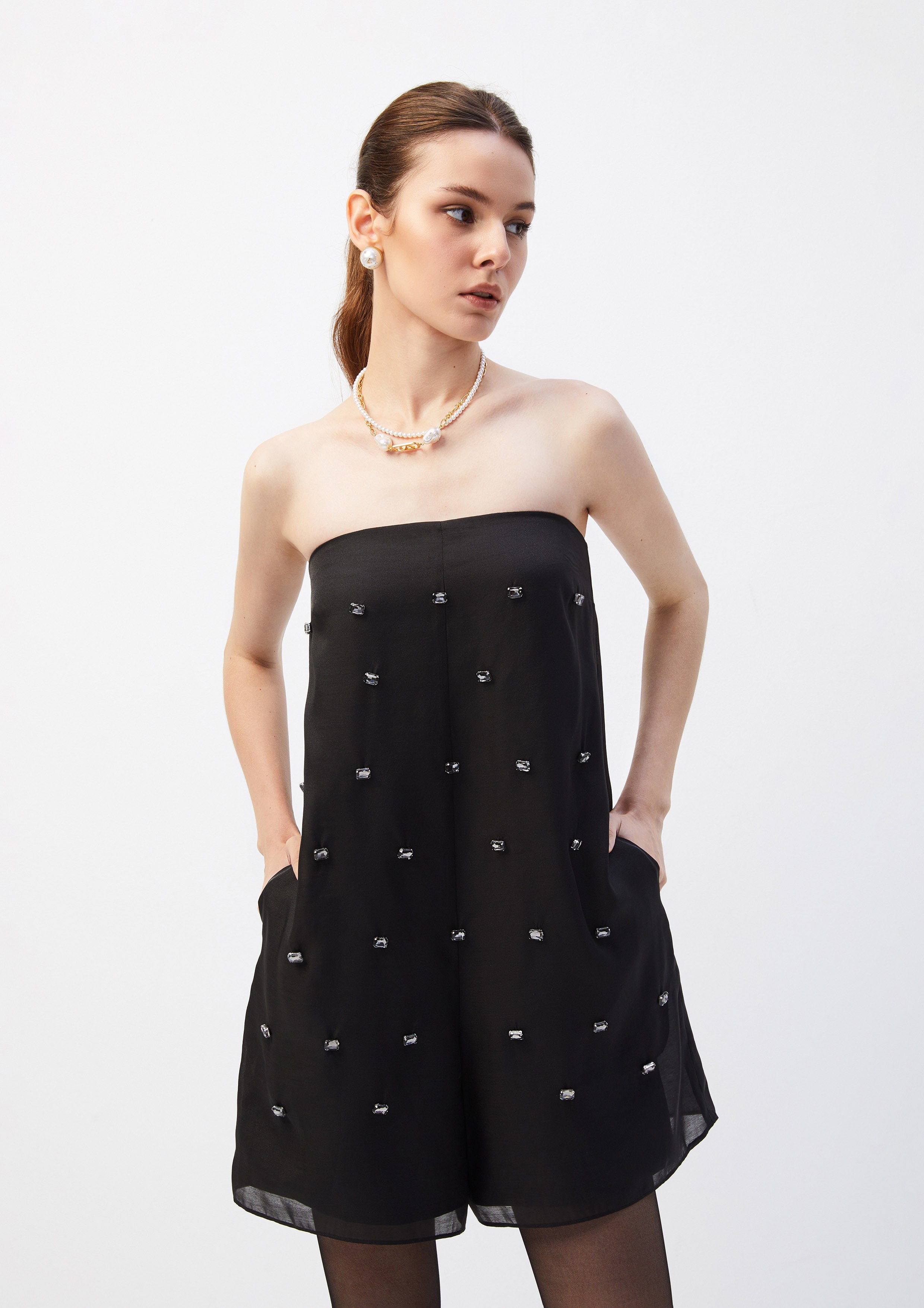 Crystal Embellished Tube Romper One Time Lover