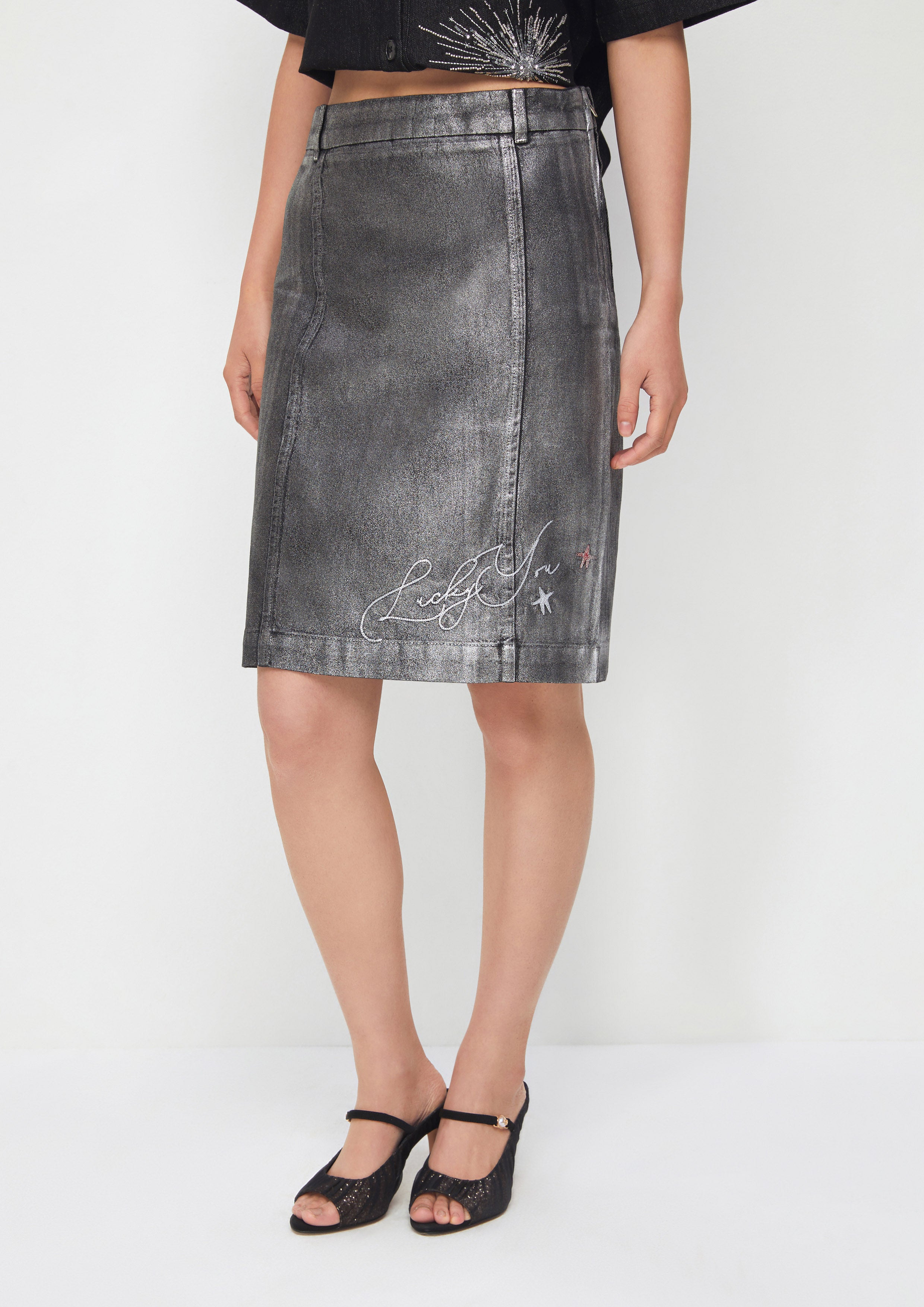 Metallic Mini Skirt With Embroidery Property of Jolly