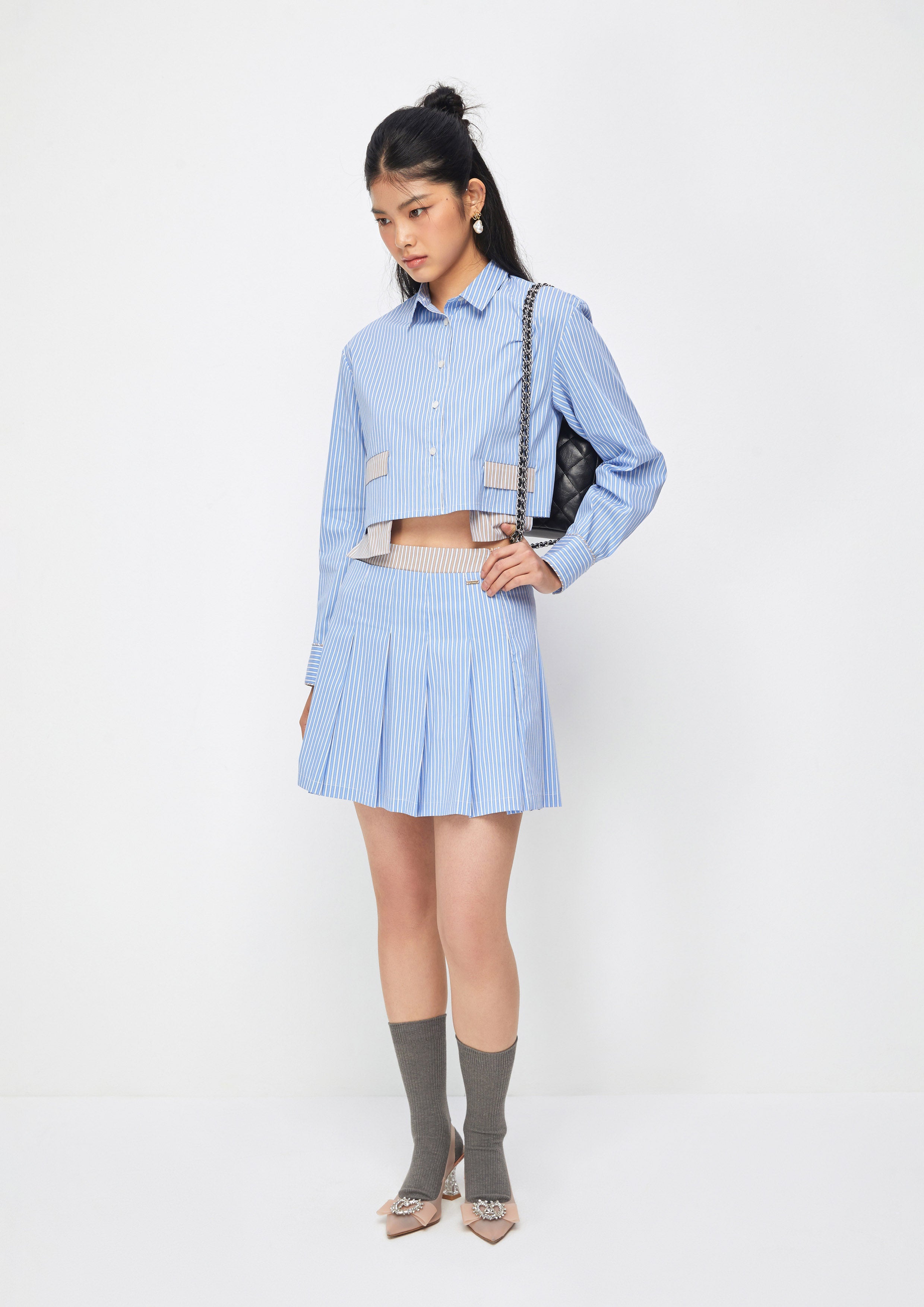 Layered Stripe Pleated Skirt Take Sip