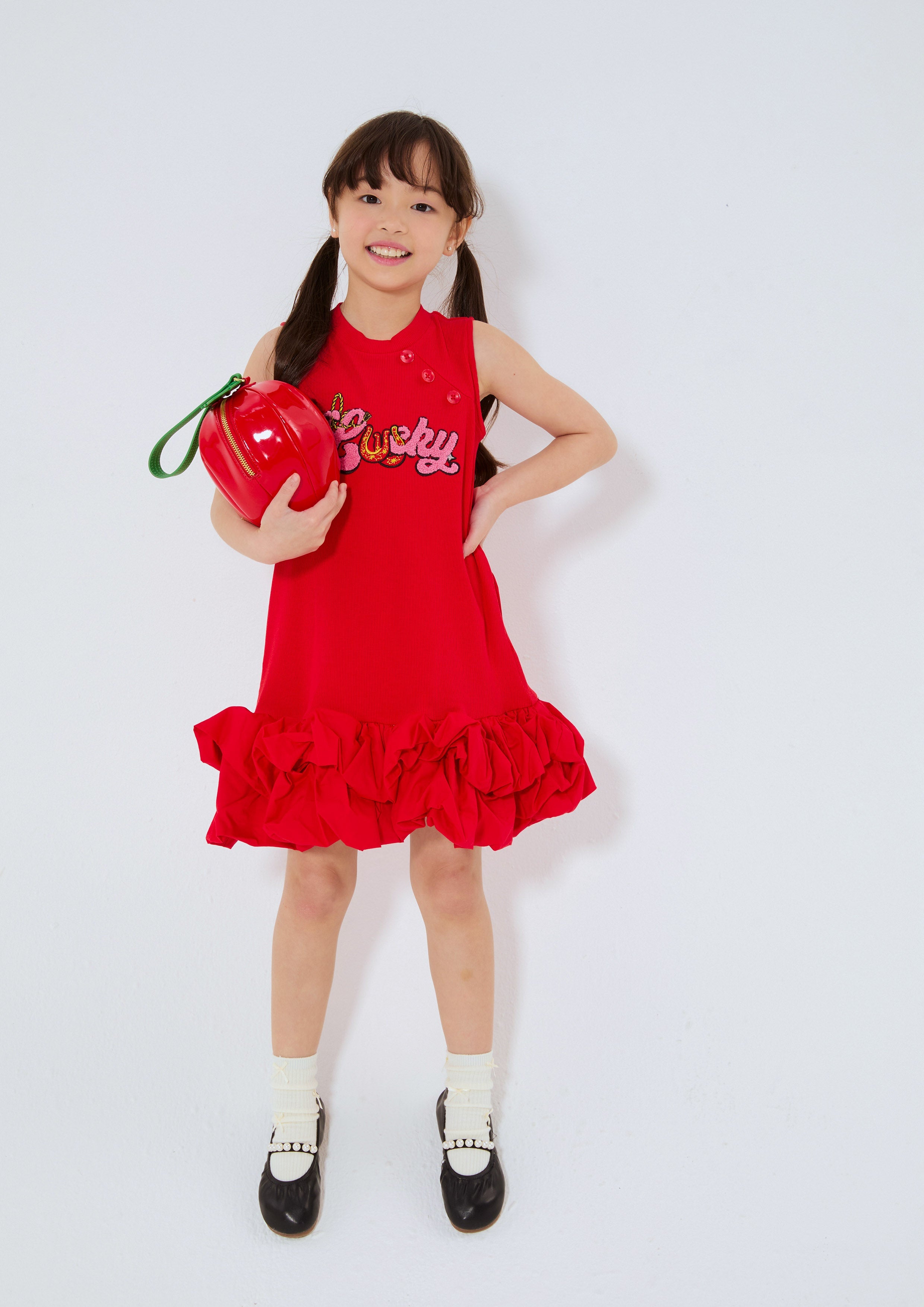 เดรสสั้นกระโปรงระบายรัฟเฟิลปักลาย สำหรับเด็กผู้หญิง คอลเลกชัน Rouge Luck