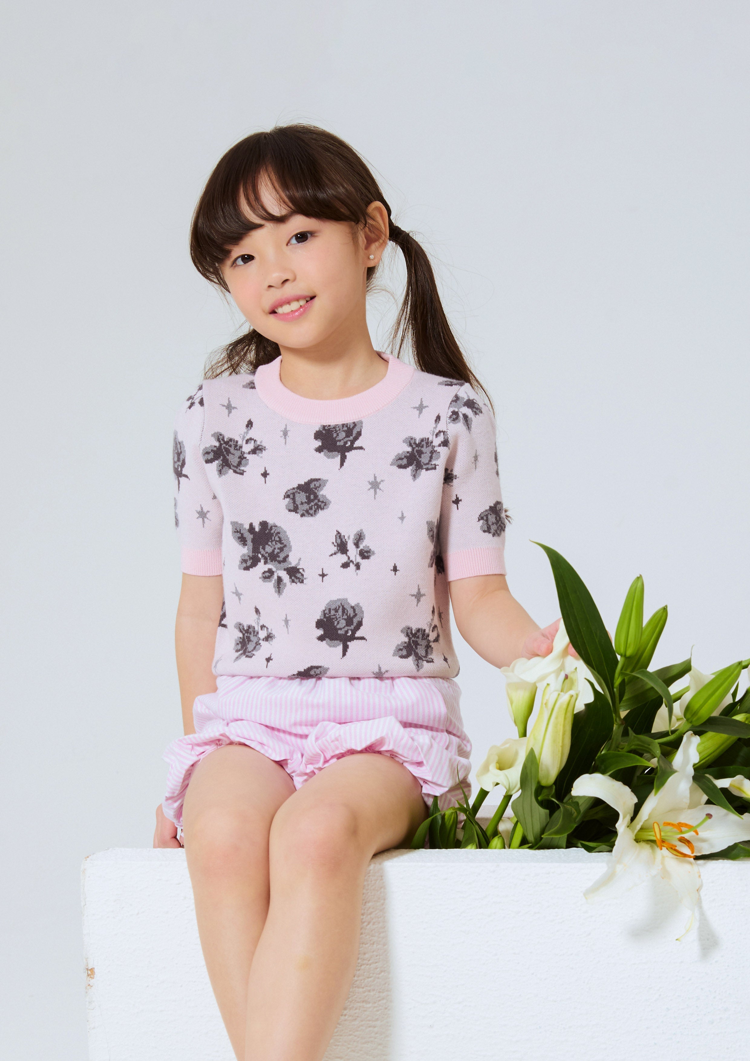 เสื้อนิตแขนสั้นลายดอกกุหลาบ สำหรับเด็กผู้หญิง คอลเลกชัน Rodeo Rose