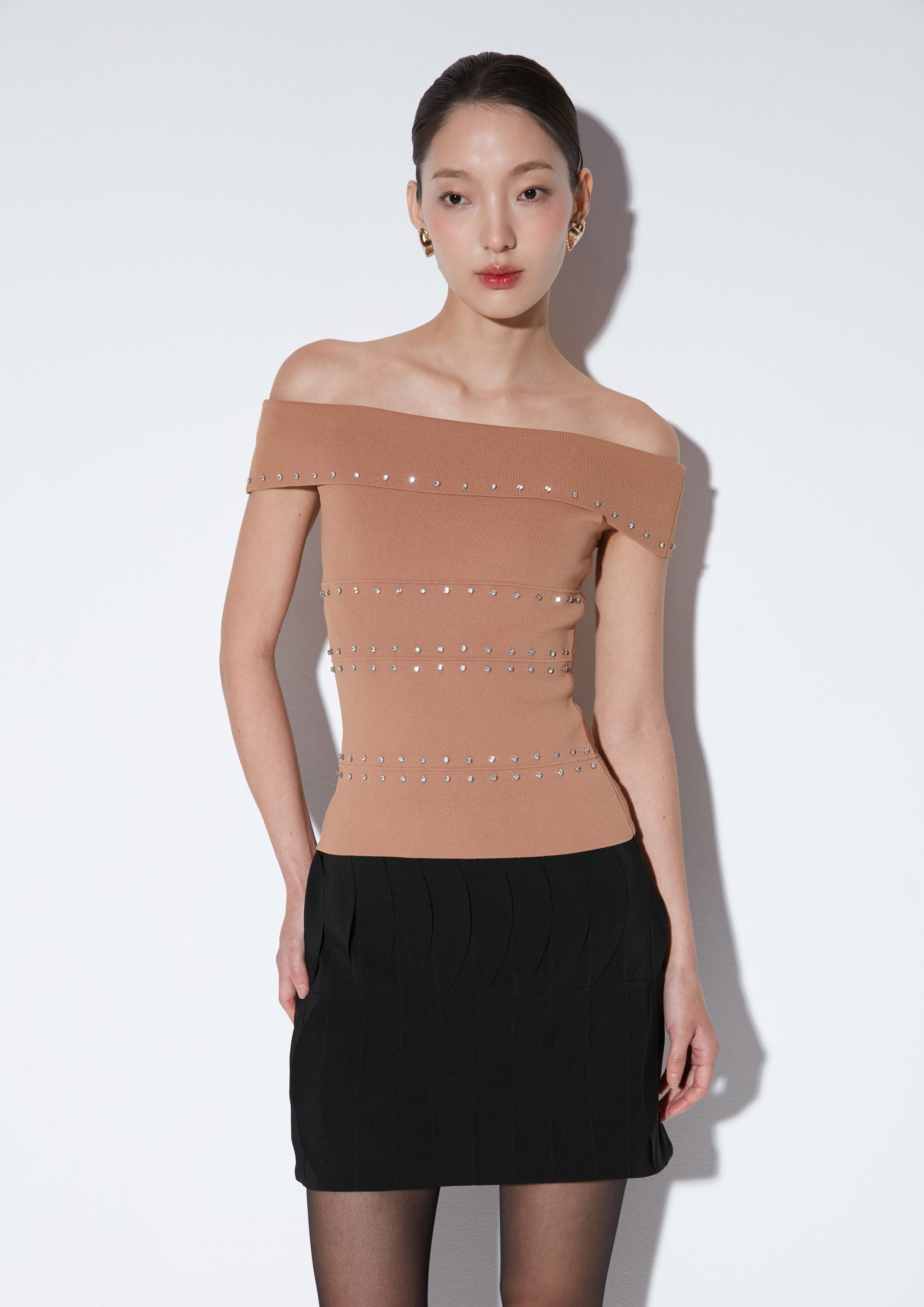 Crystal Embellished Off-Shoulder Top Texture Club