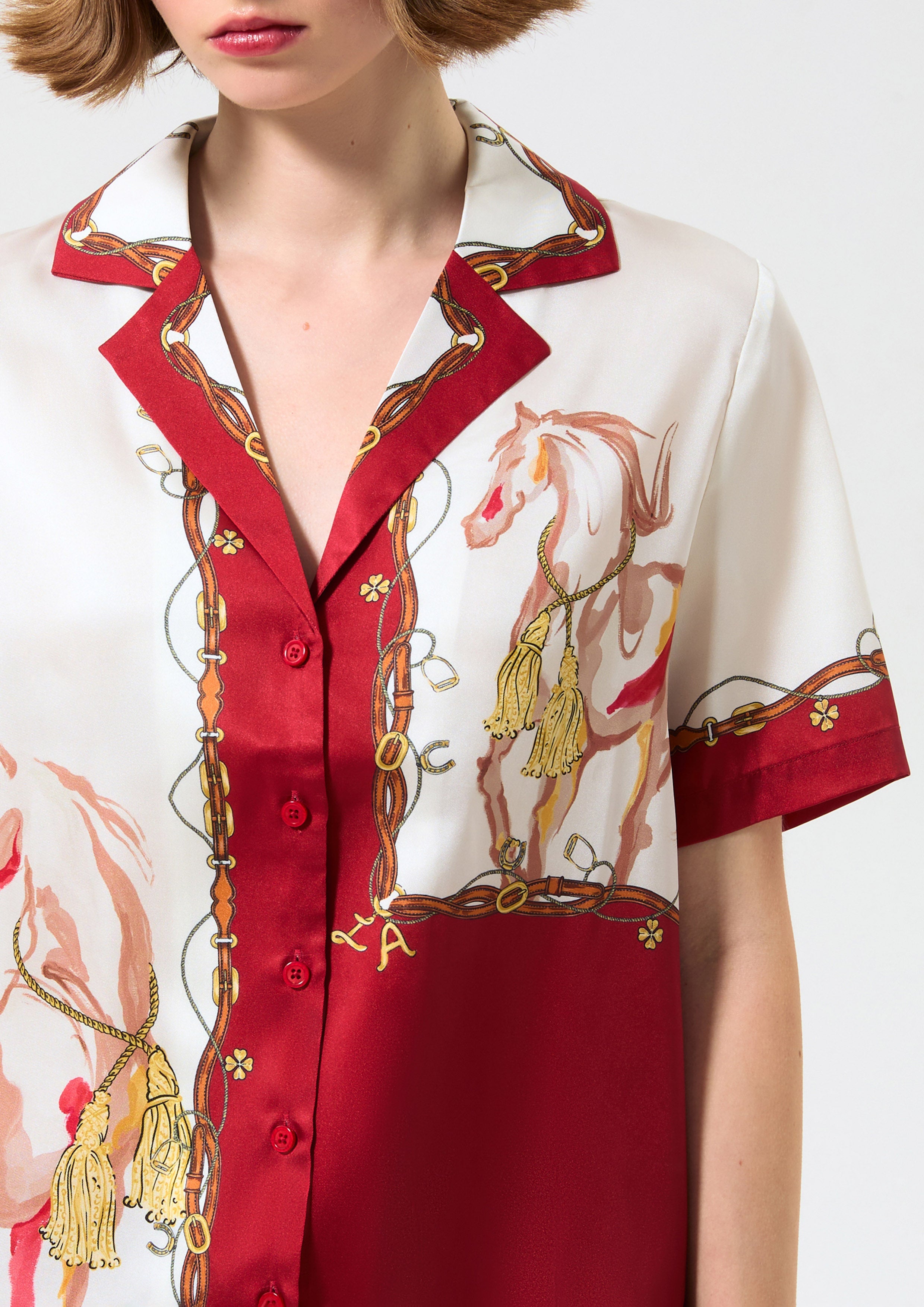 Print Short Sleeve Satin Shirt Rouge Luck