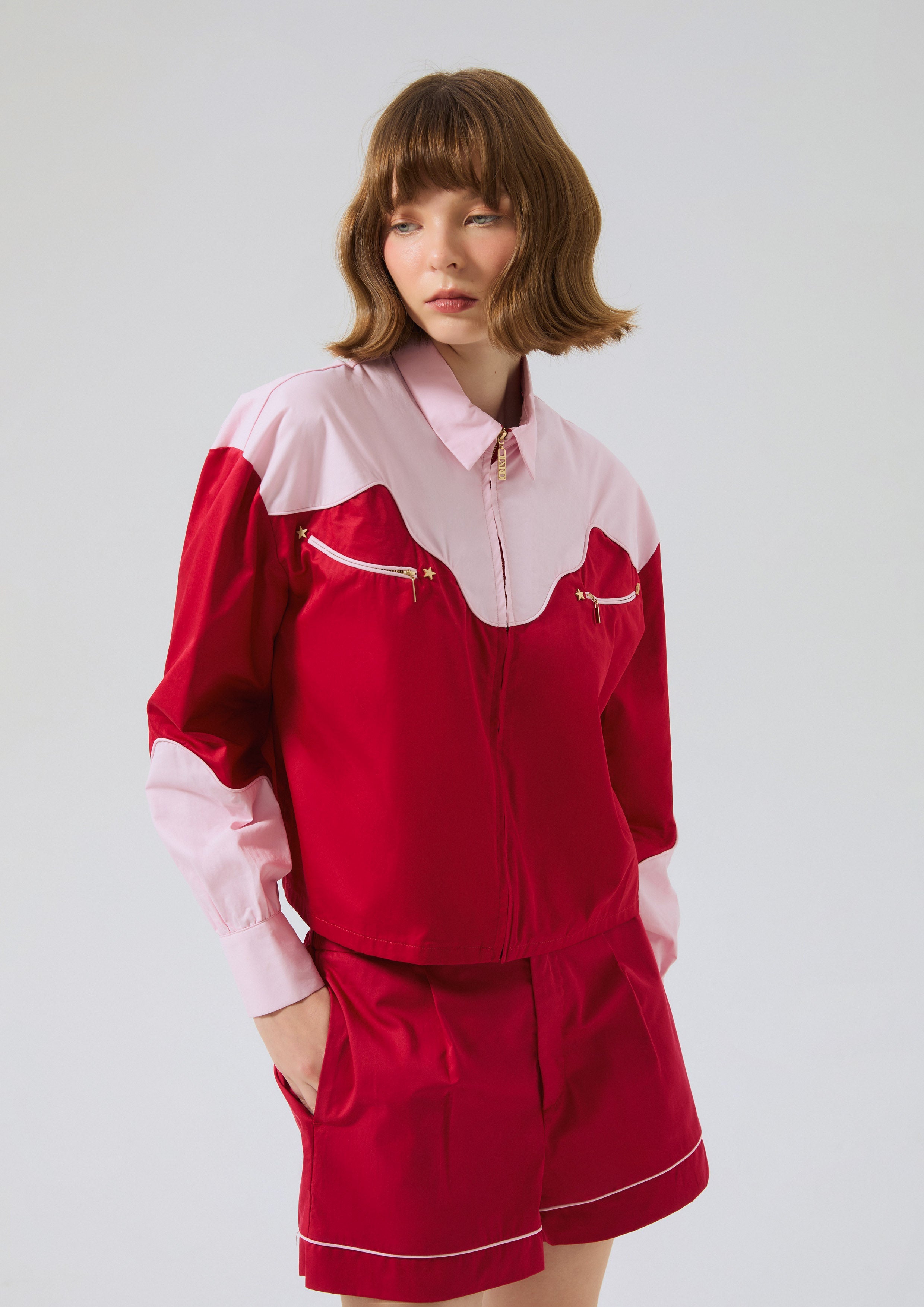 Velvet Panel Zip Up Long Sleeve Shirt Rouge Luck