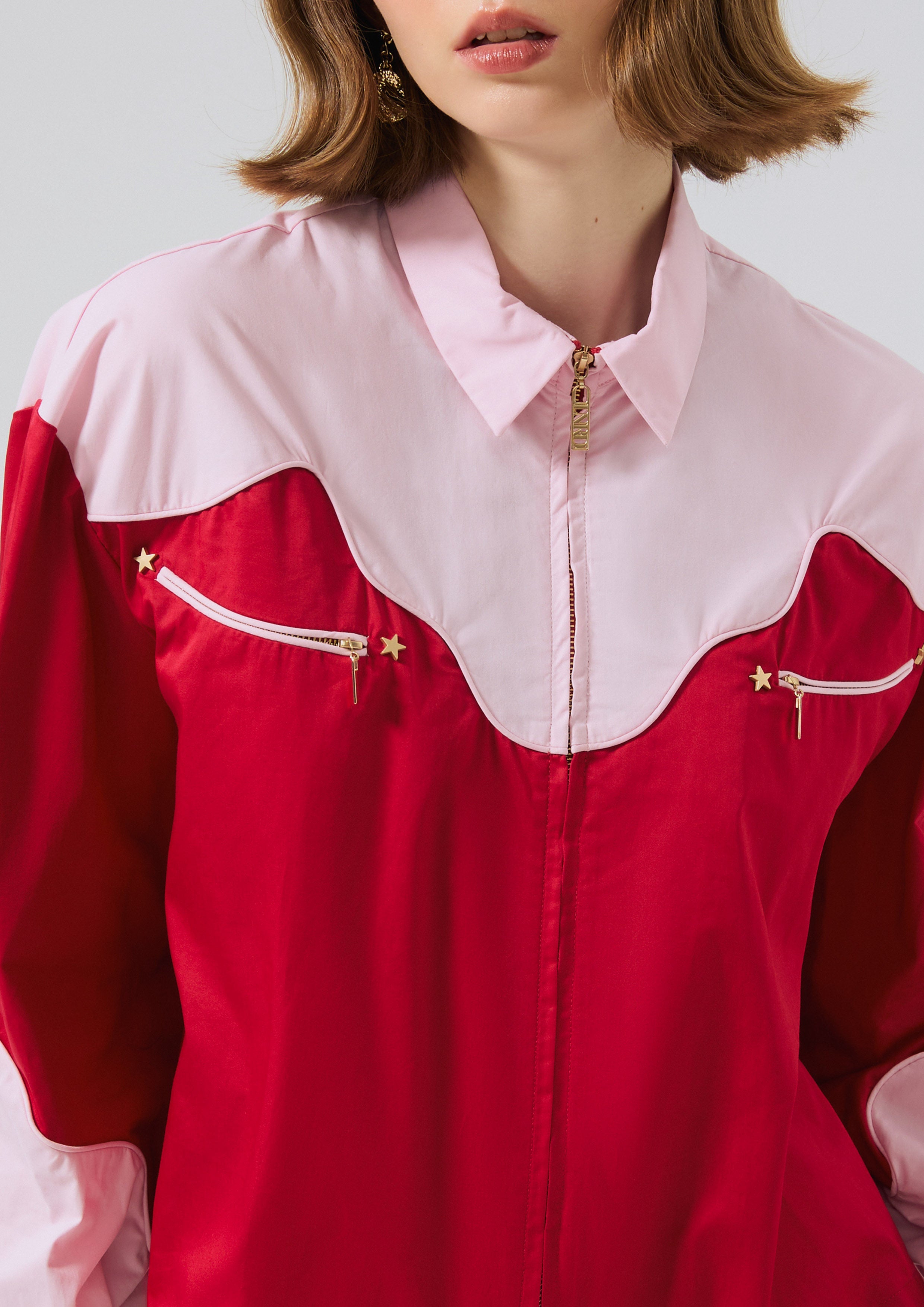 Velvet Panel Zip Up Long Sleeve Shirt Rouge Luck