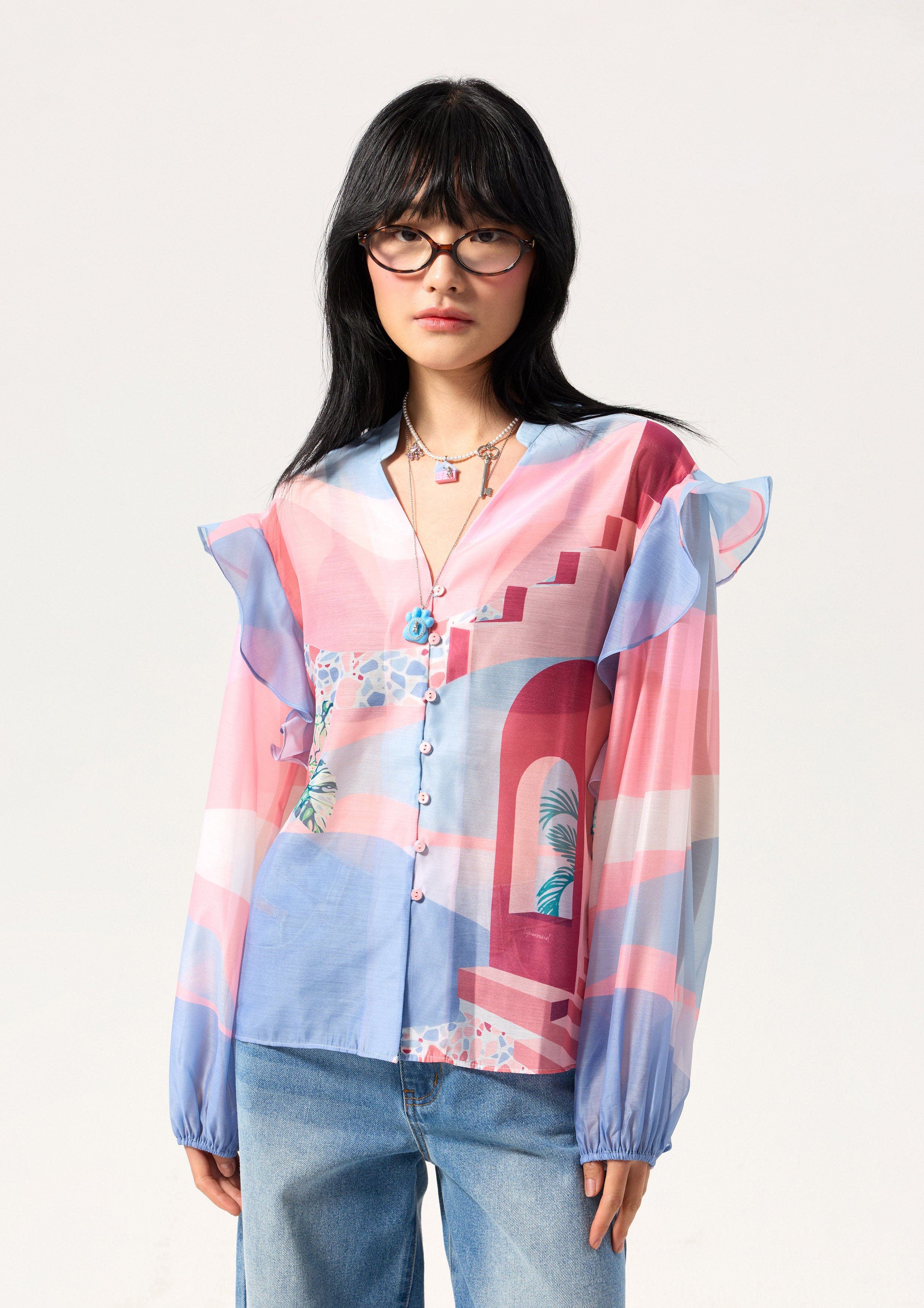 เสื้อเบล้าส์พิมพ์ลายผ้าเชียร์ คอลเลกชัน Neon Dreams