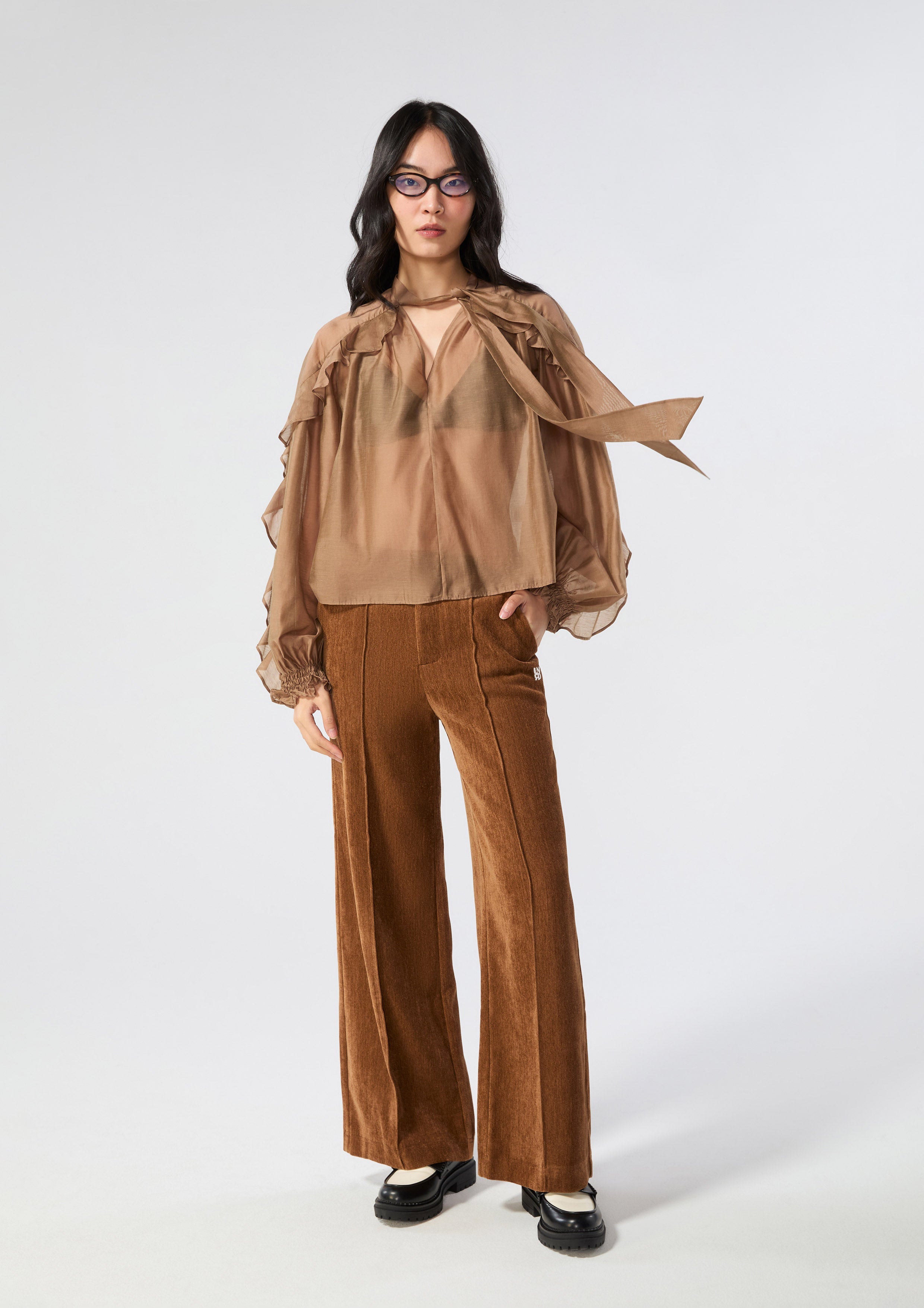 Sheer Bow Tie Neck Ruffle Blouse Rosewood Fleur