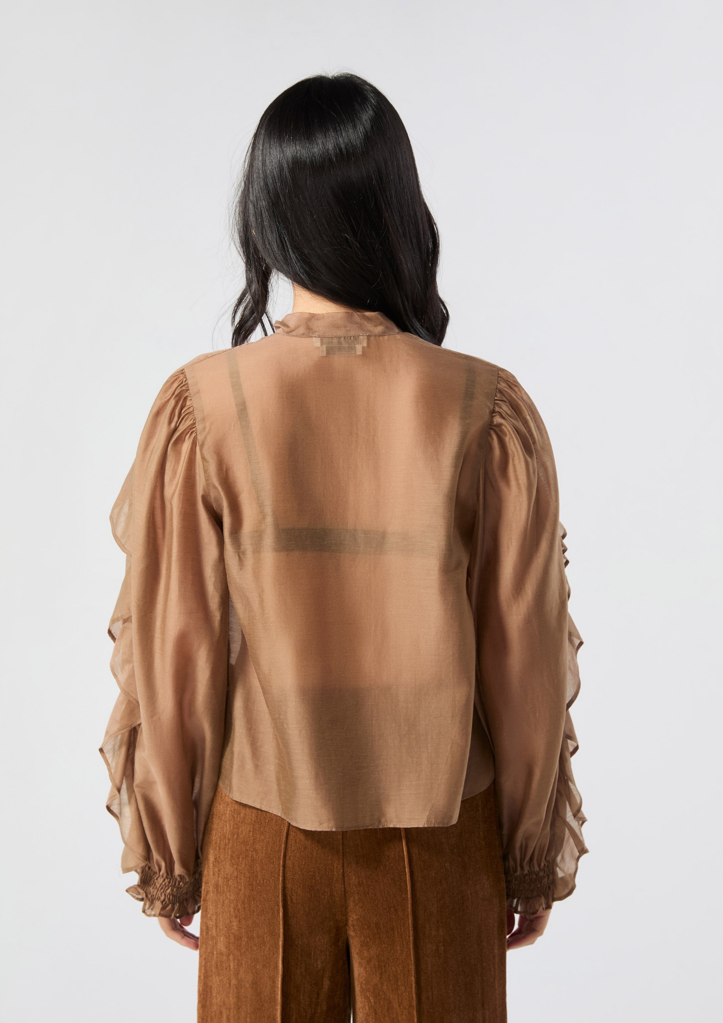 Sheer Bow Tie Neck Ruffle Blouse Rosewood Fleur