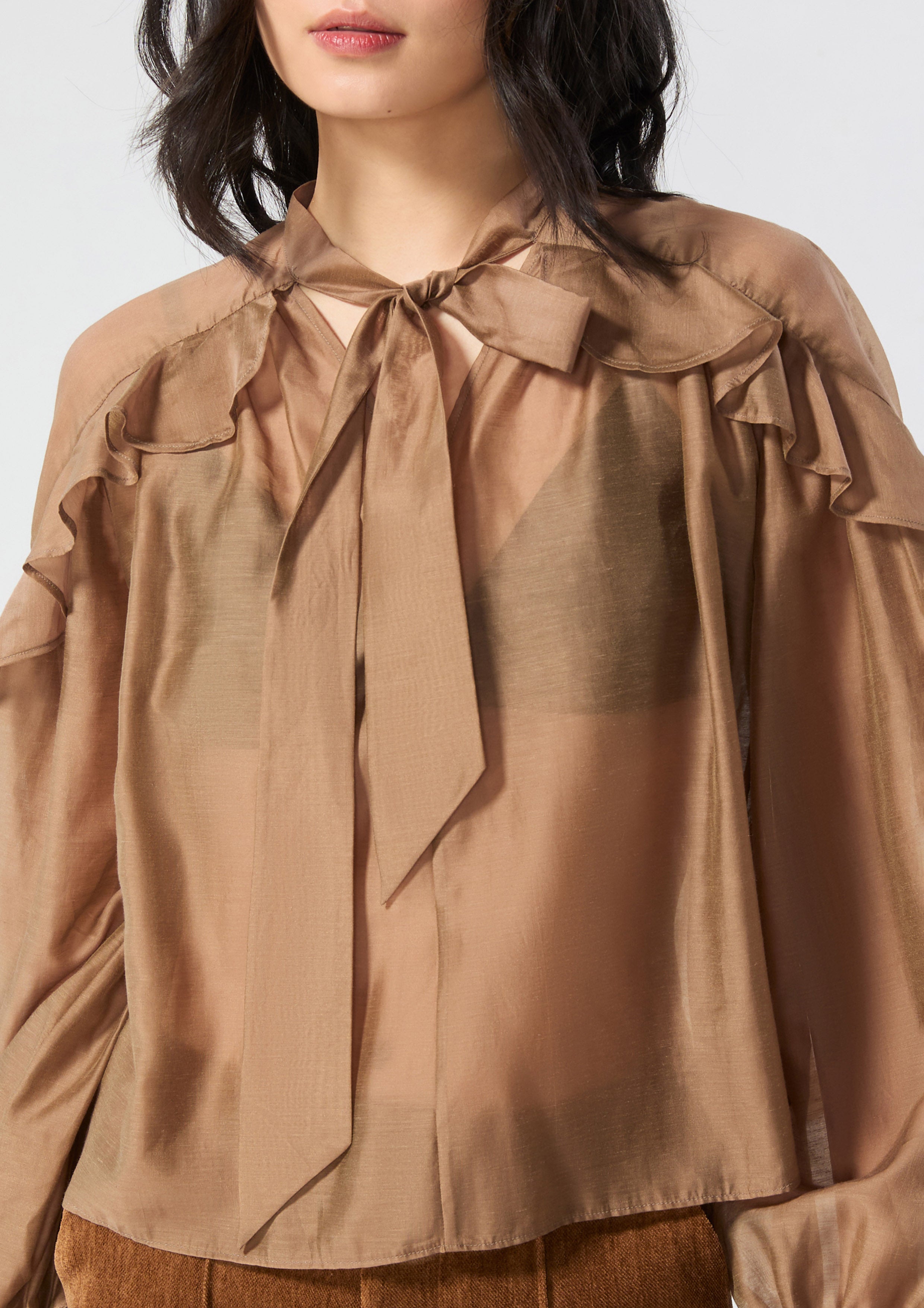 Sheer Bow Tie Neck Ruffle Blouse Rosewood Fleur