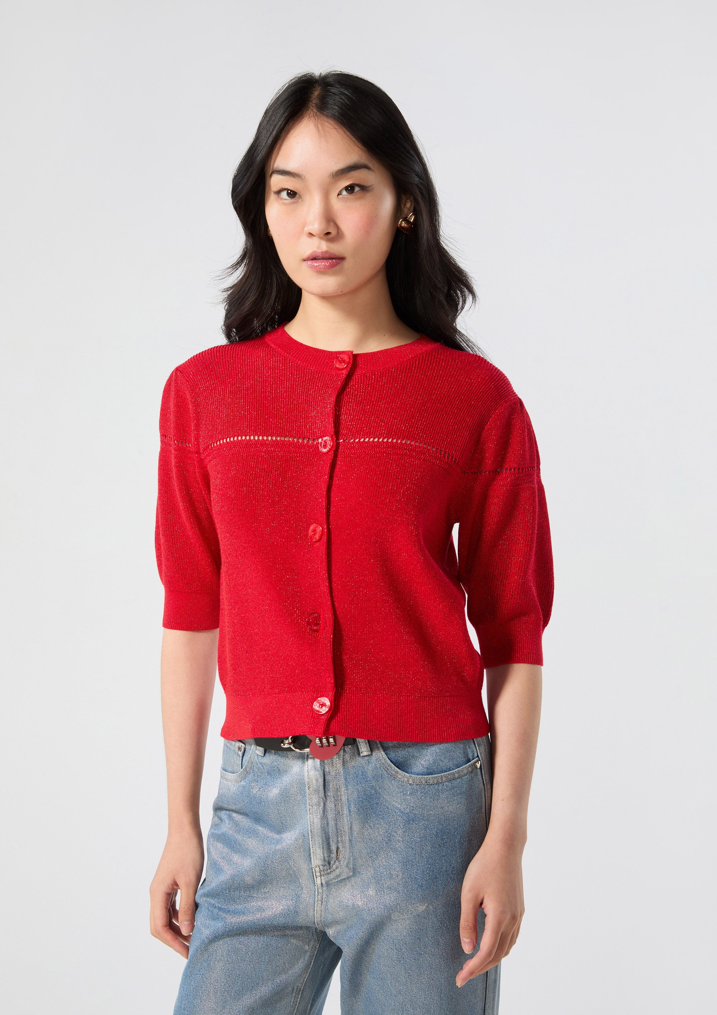 Button Knitted Blouse Rouge Luck
