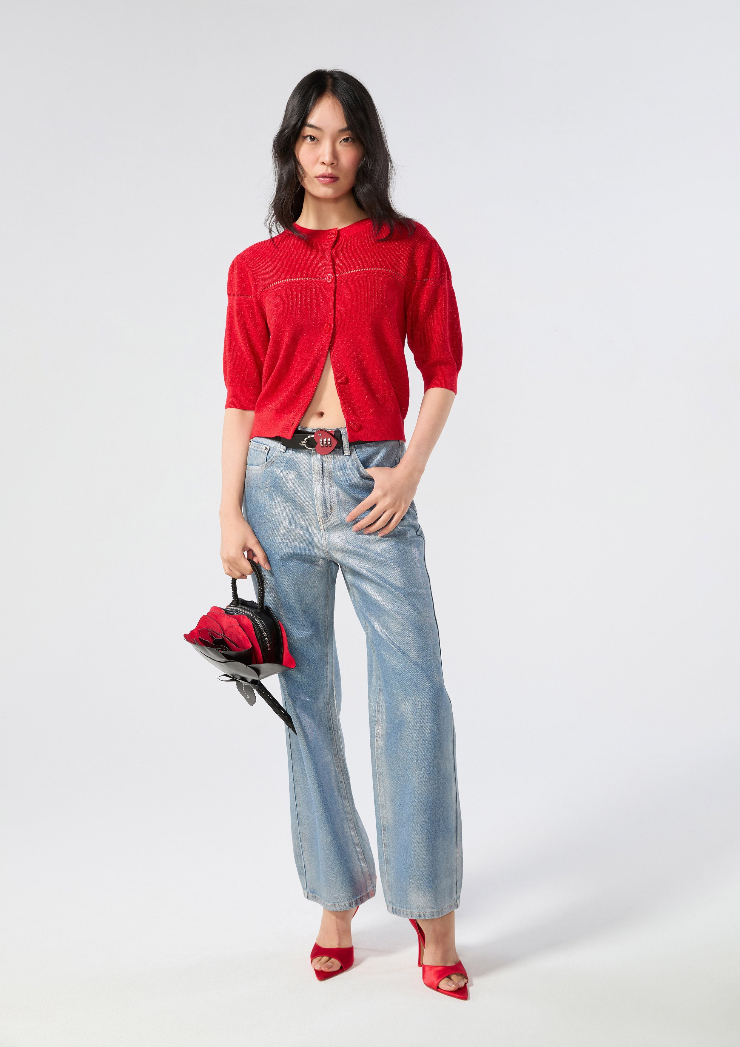 Button Knitted Blouse Rouge Luck