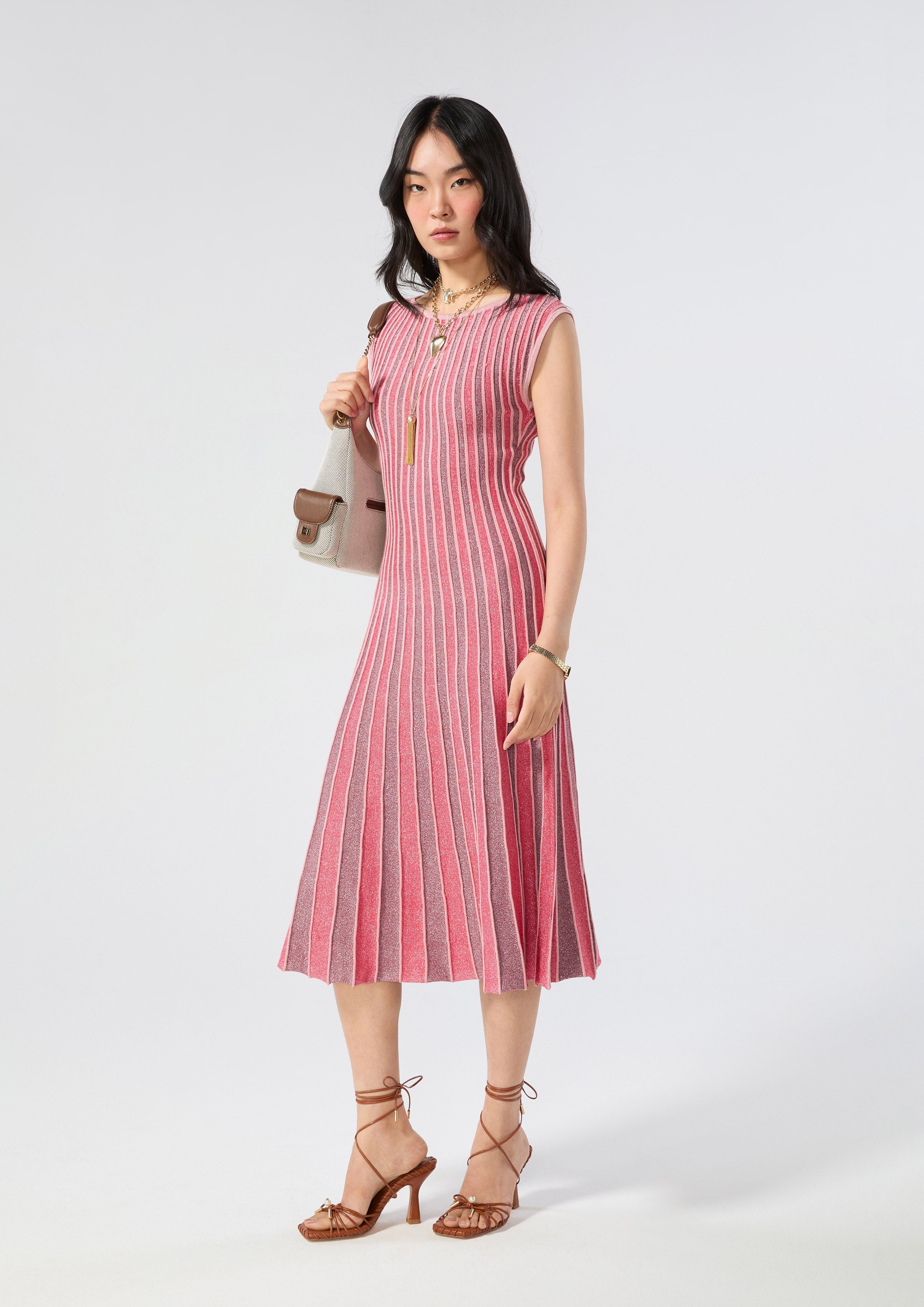 Stripe Pleated Skirt Midi Dress Rouge Luck