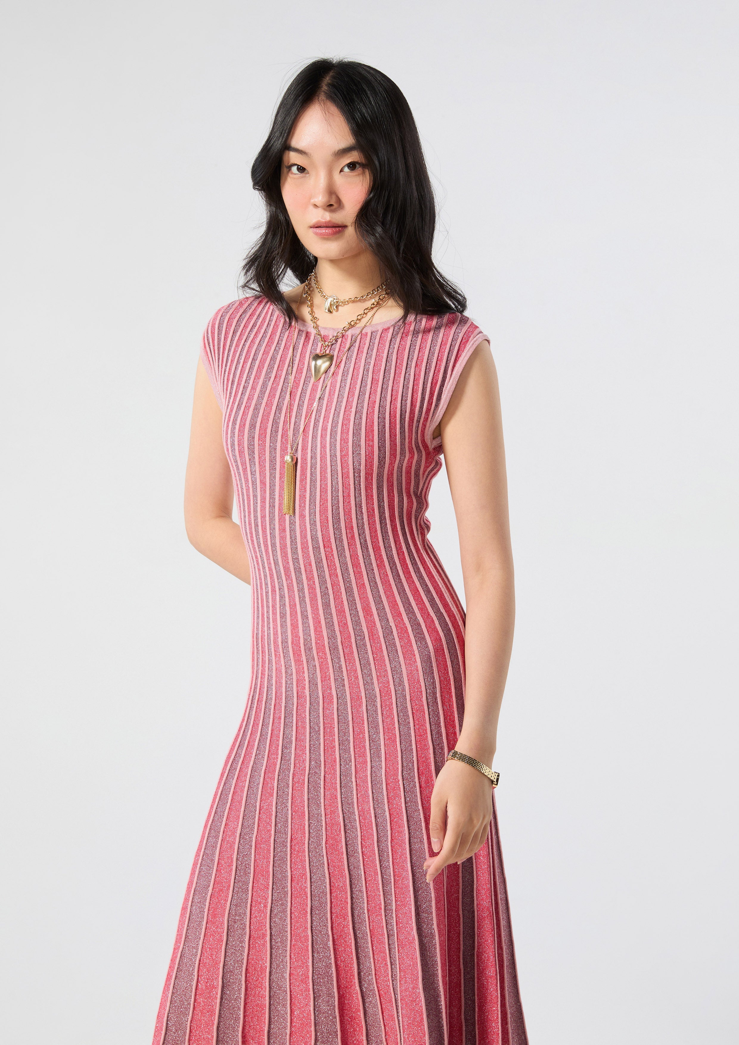 Stripe Pleated Skirt Midi Dress Rouge Luck