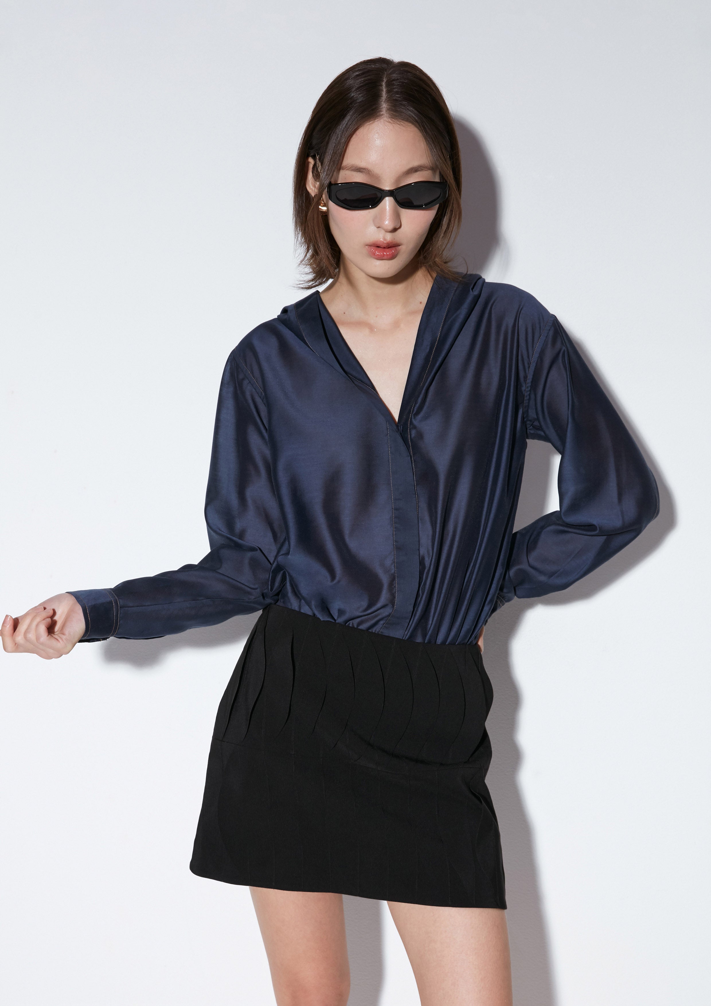 Satin Hood Long Sleeve Blouse Texture Club