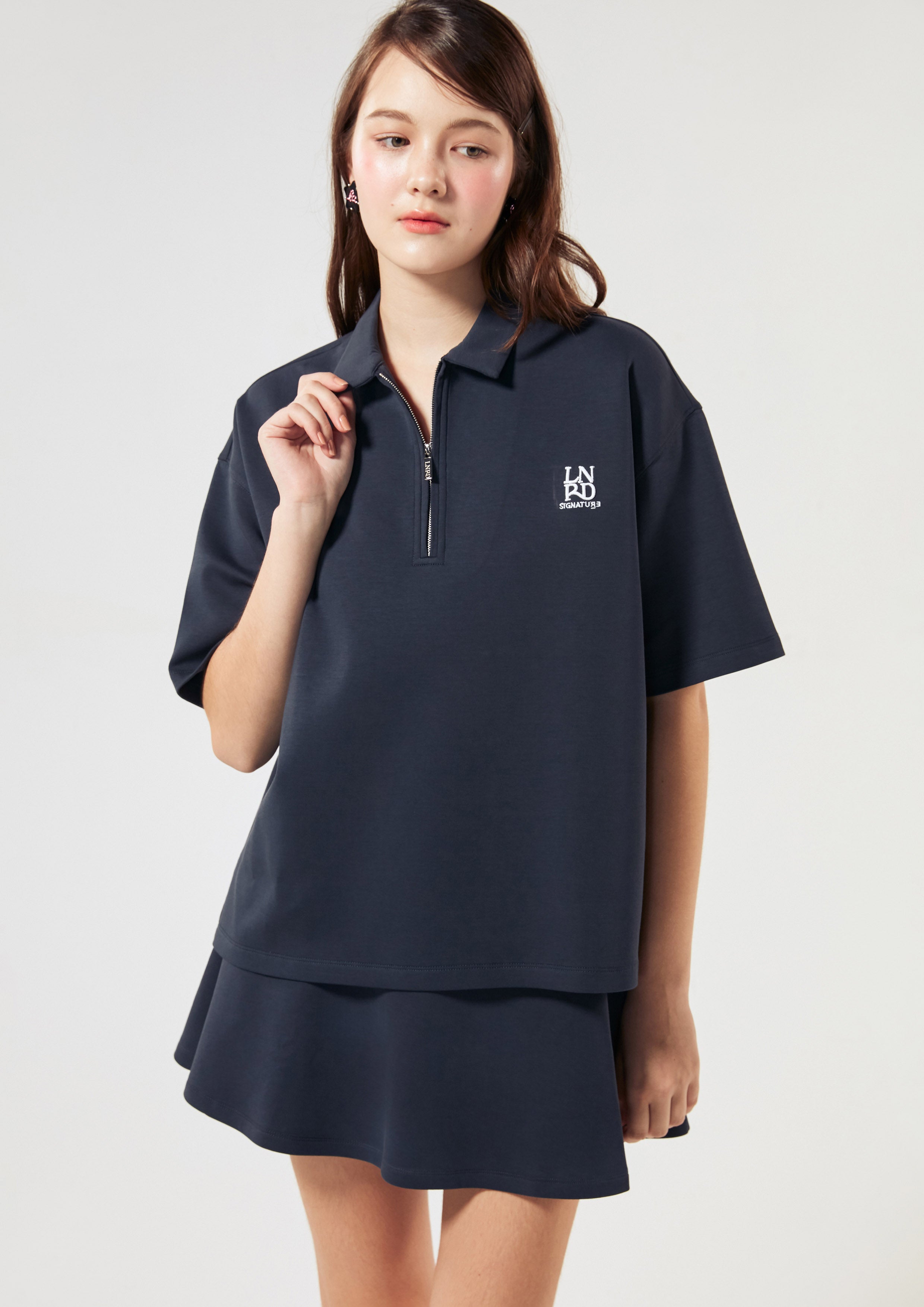 Create Your Signature Look with Logo Zip Up Short Sleeve Top LNRD
