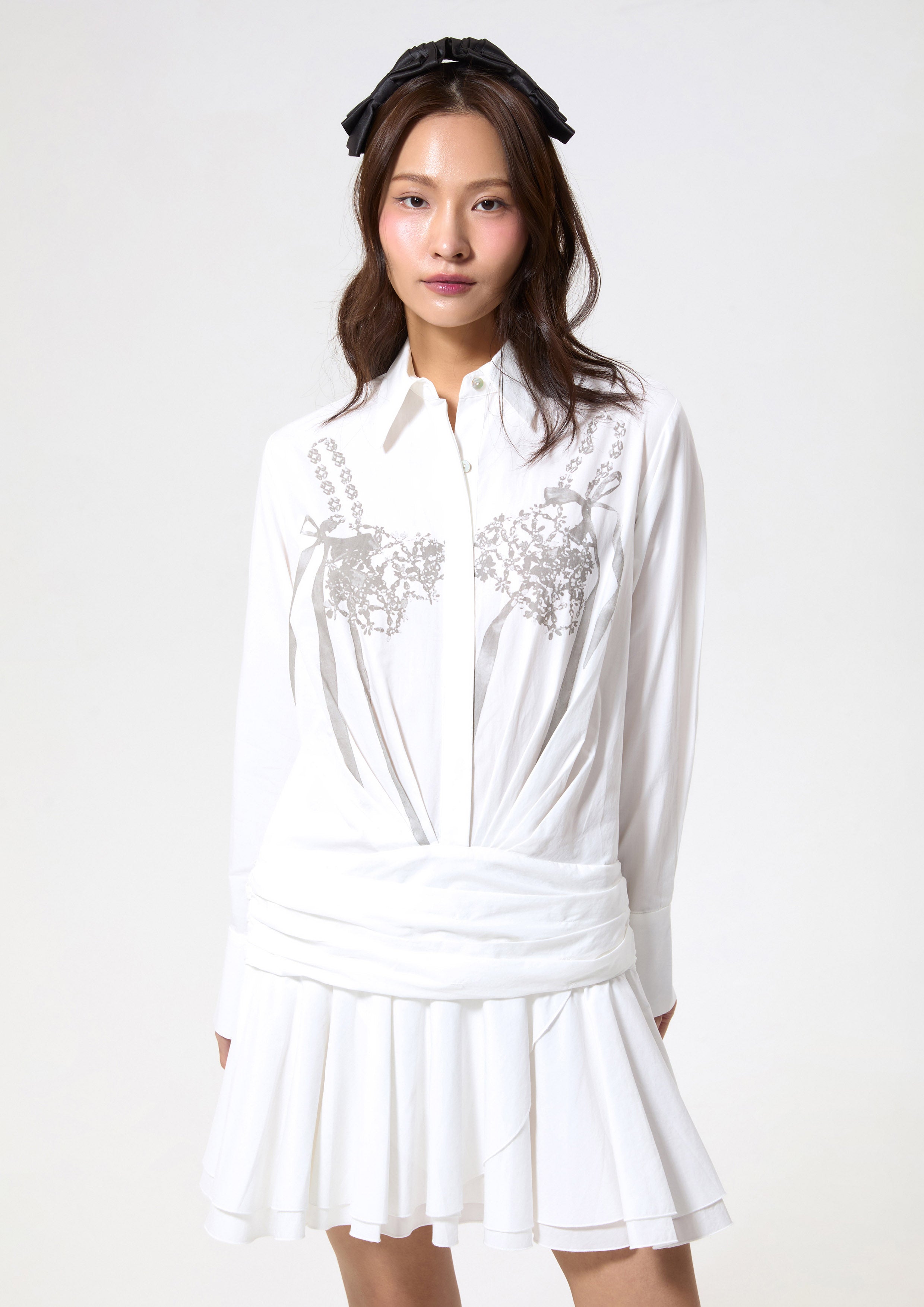 Print Long Sleeve Mini Shirt Dress Working on Board