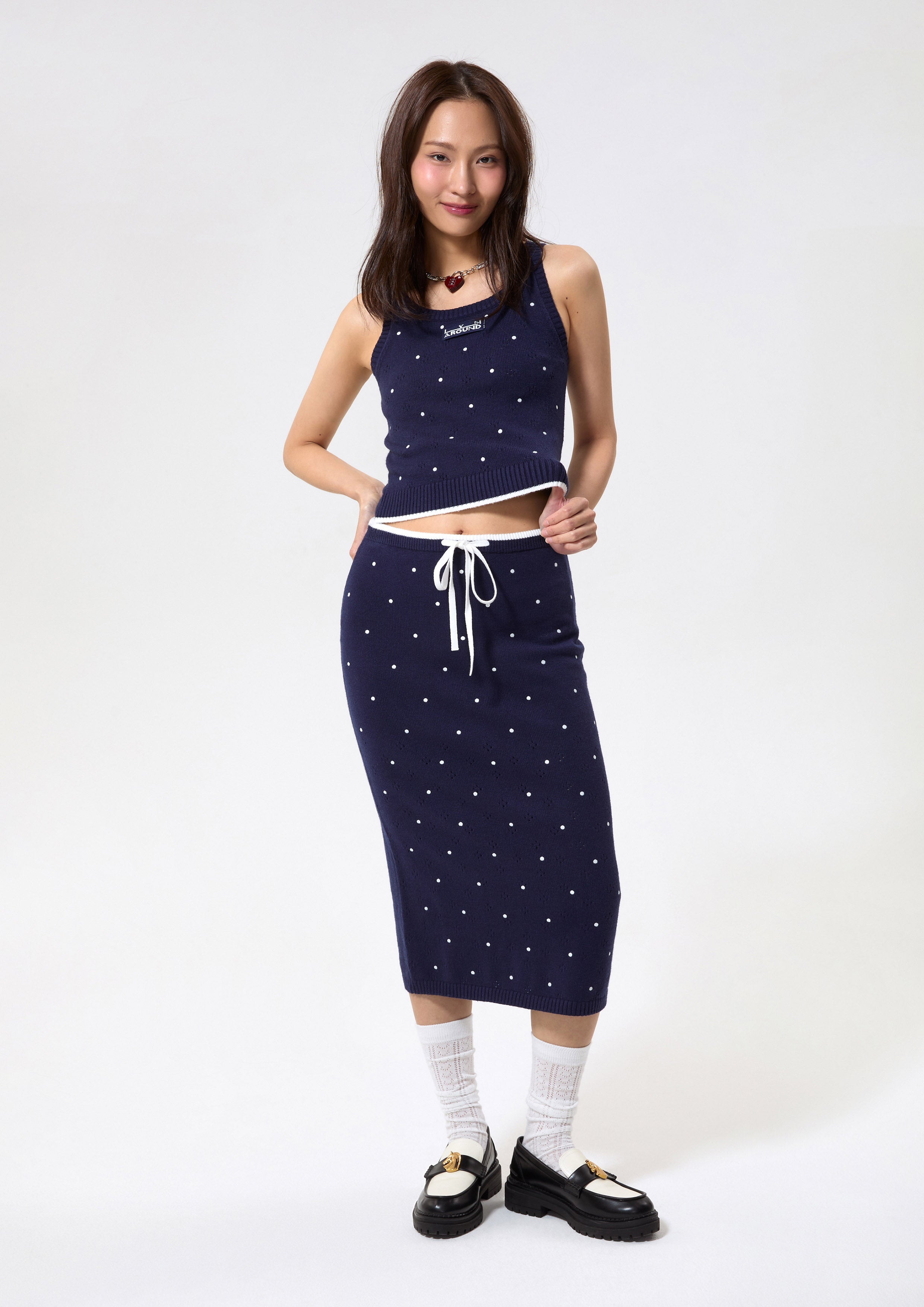 Polkadot Knitted Midi Skirt Working on Board