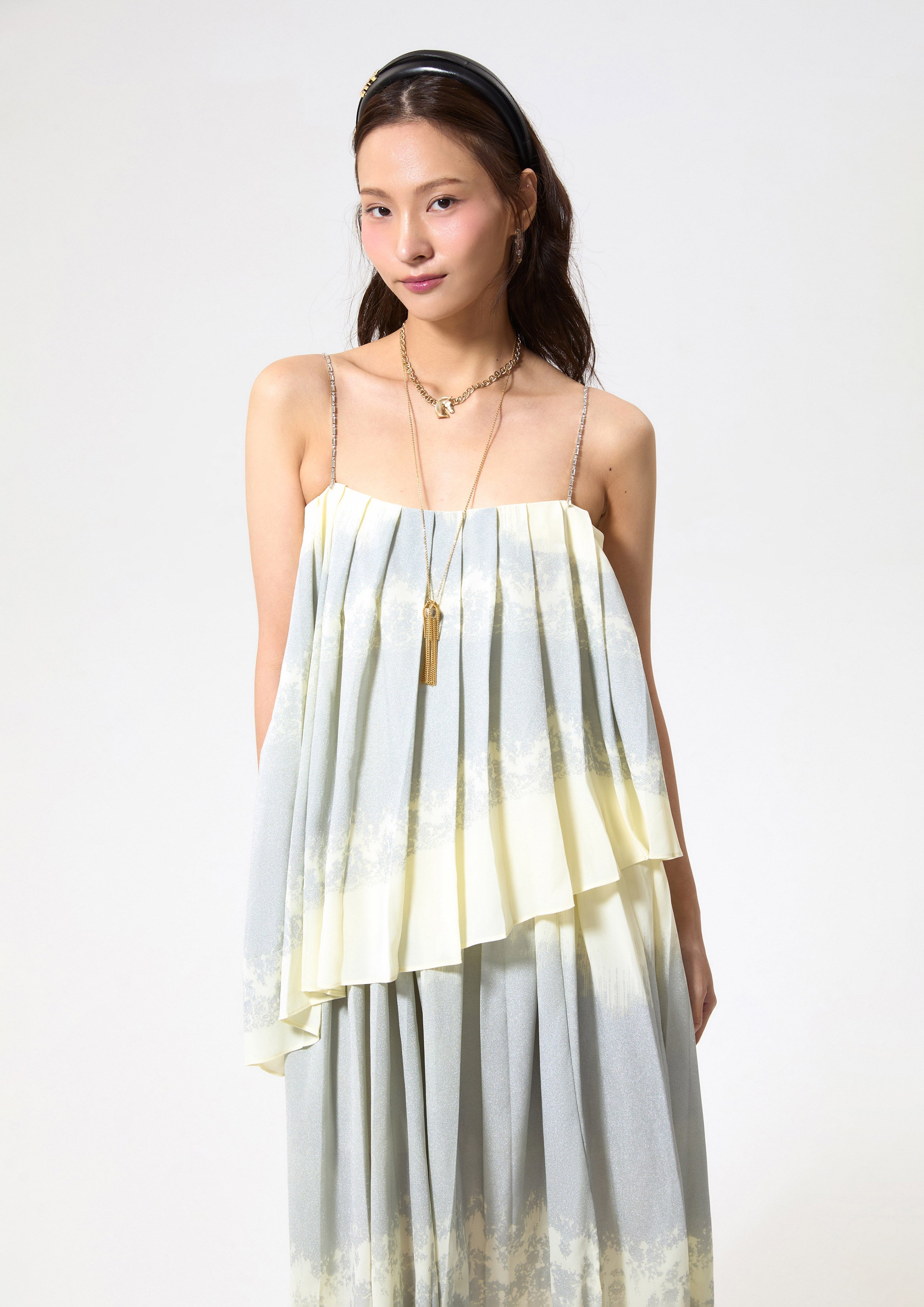 Print Cami Strap Layered Skirt Midi Dress Working on Board