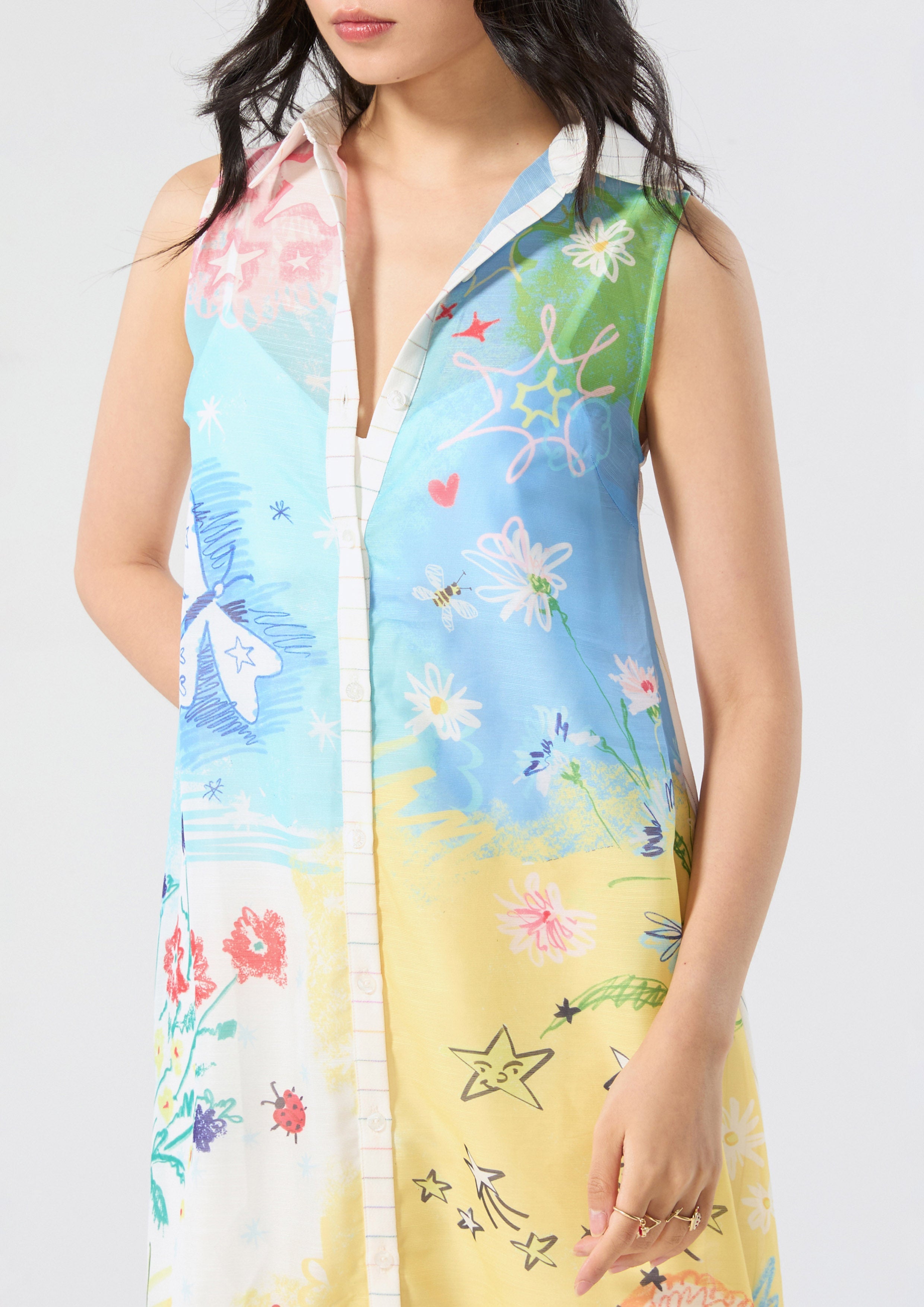 Print Sheer Button Dress Cruise to the Full Bloom
