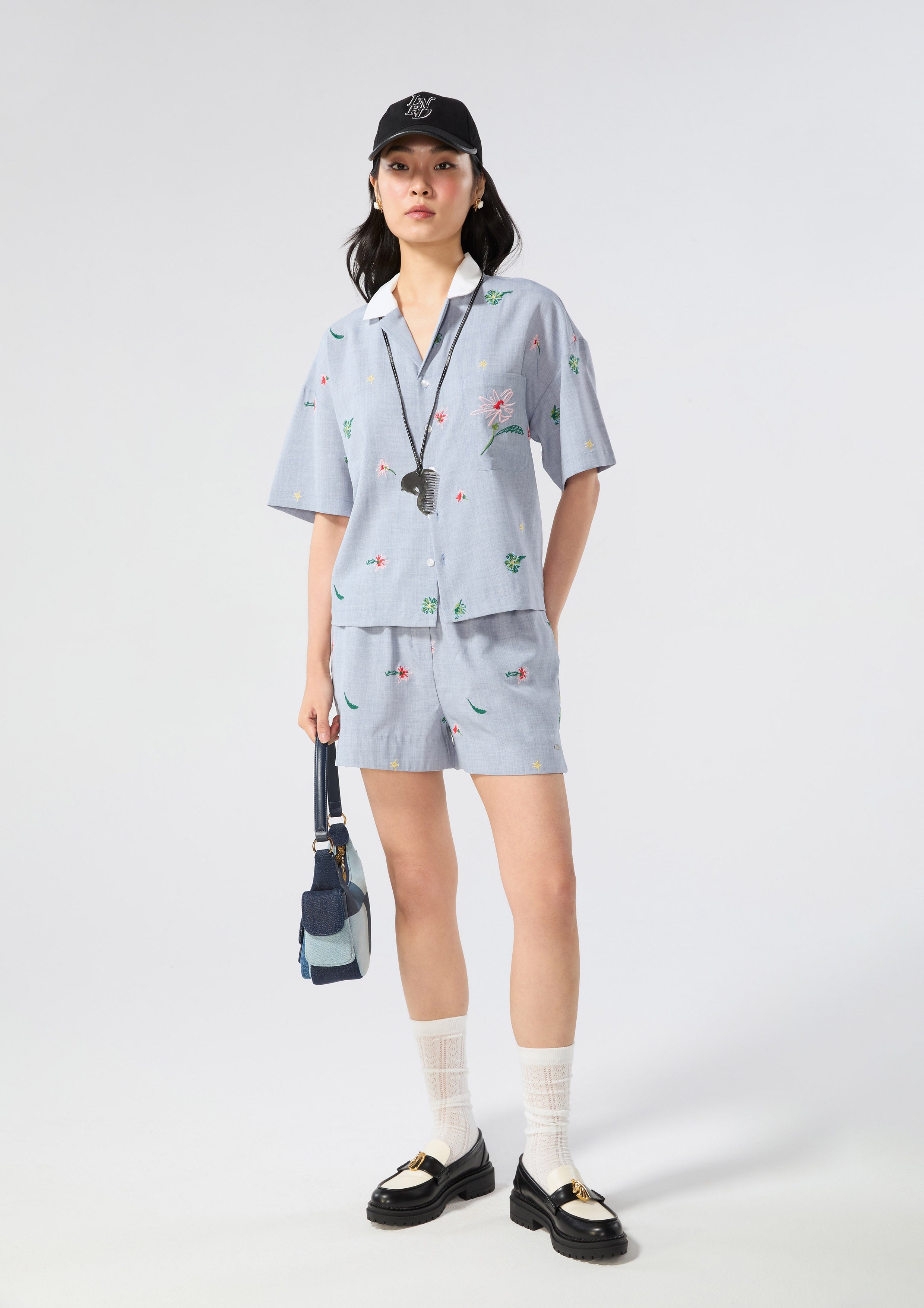 Embroidery Shirt and Shorts Set Cruise to the Full Bloom