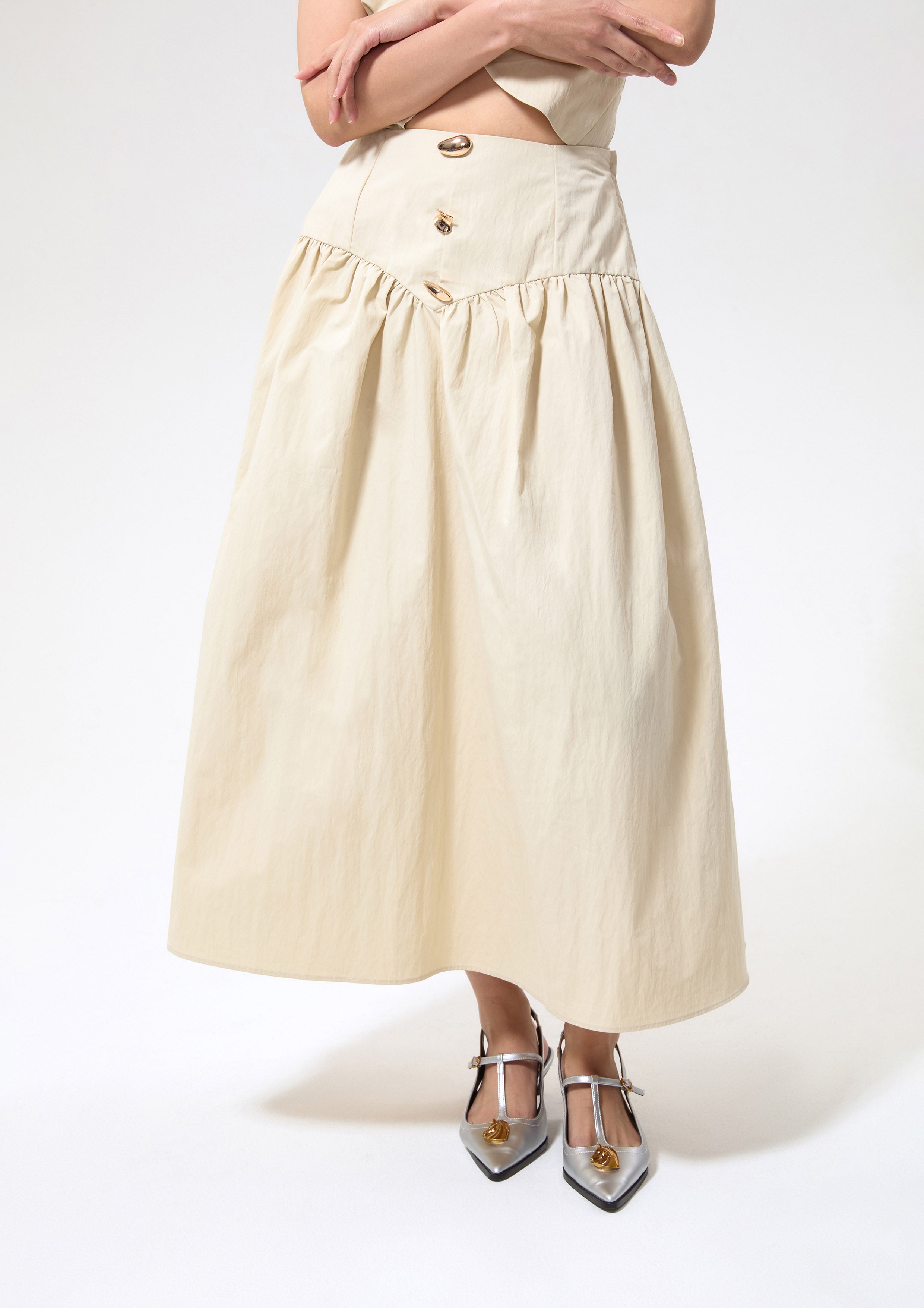 กระโปรงคลุมเข่าทรงระบายแต่งฮาร์ดแวร์โลหะ คอลเลกชัน Blossom Elegance