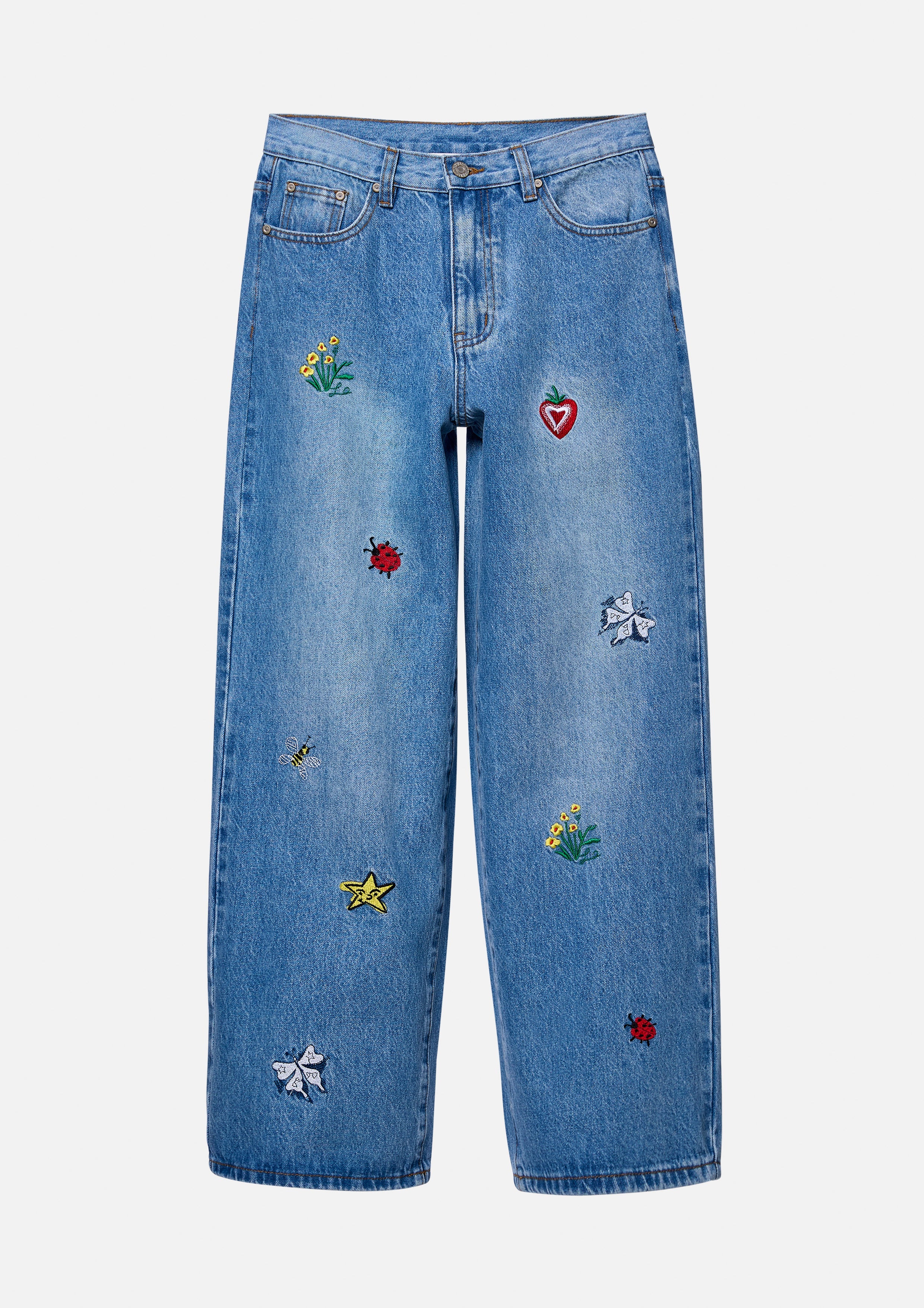Fruit Embroidery Faded Denim Pants Cruise to The Full Bloom