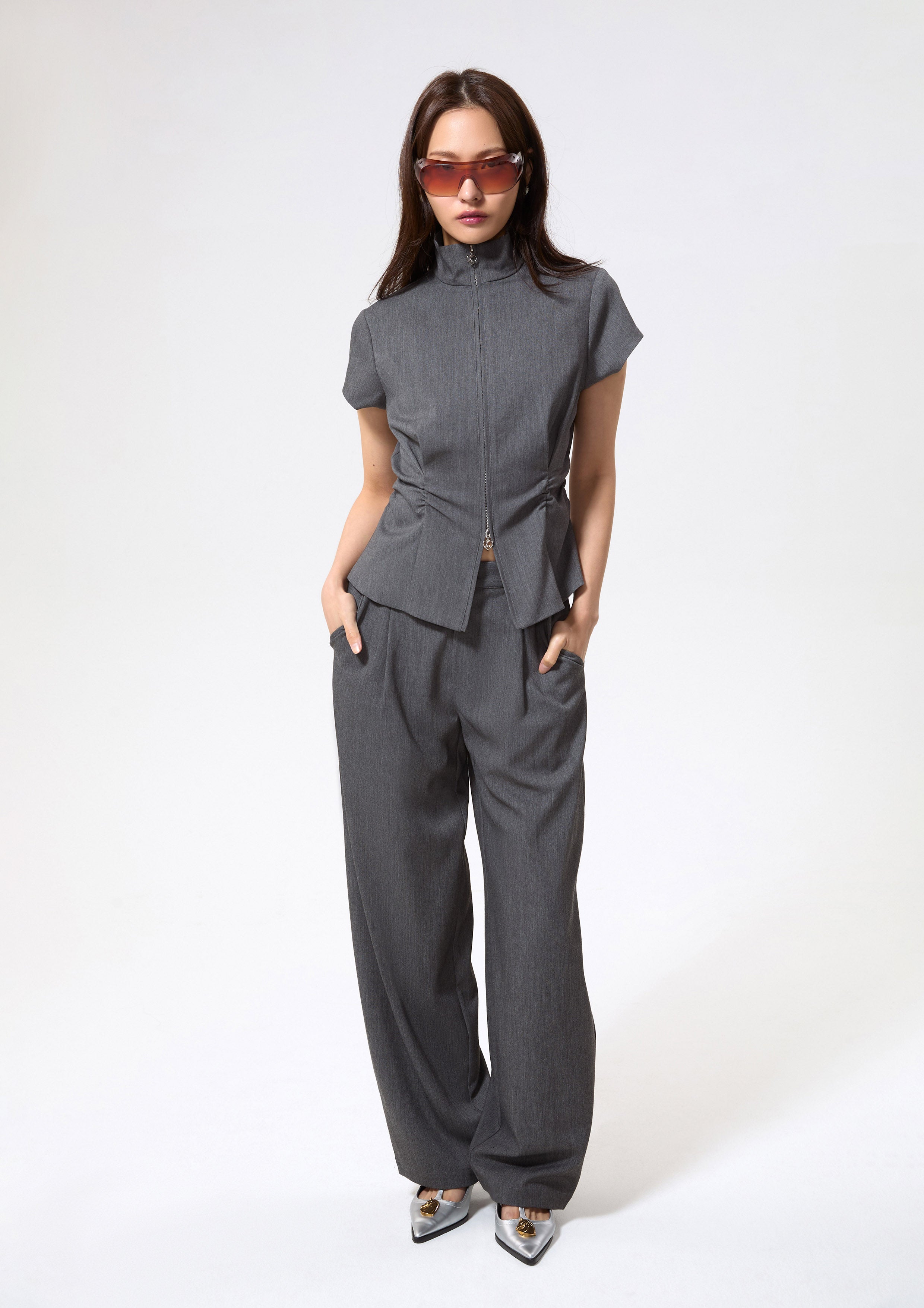 Front Zip With Side Ruched Blouse Working on Board