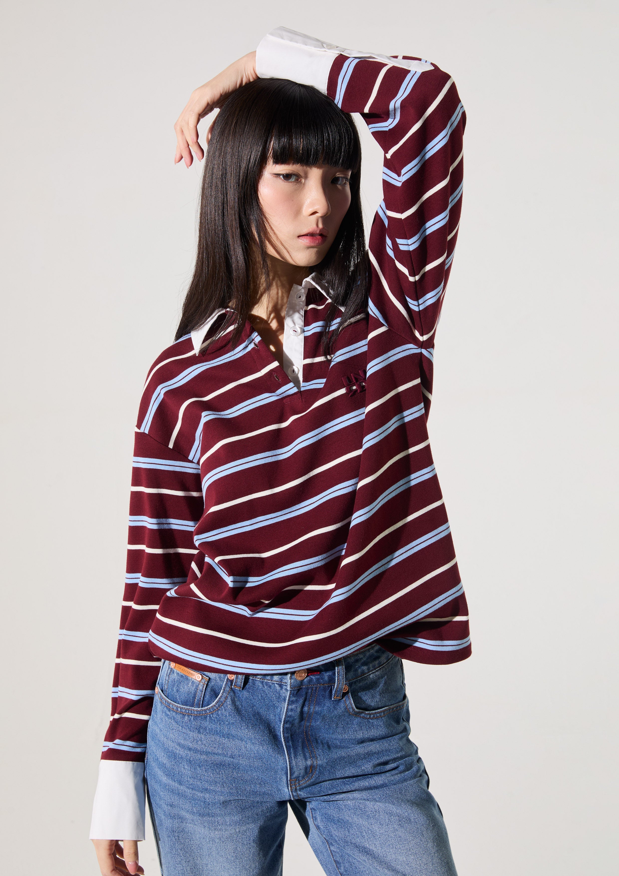 Stripe Long Sleeve Polo Top Rouge Luck