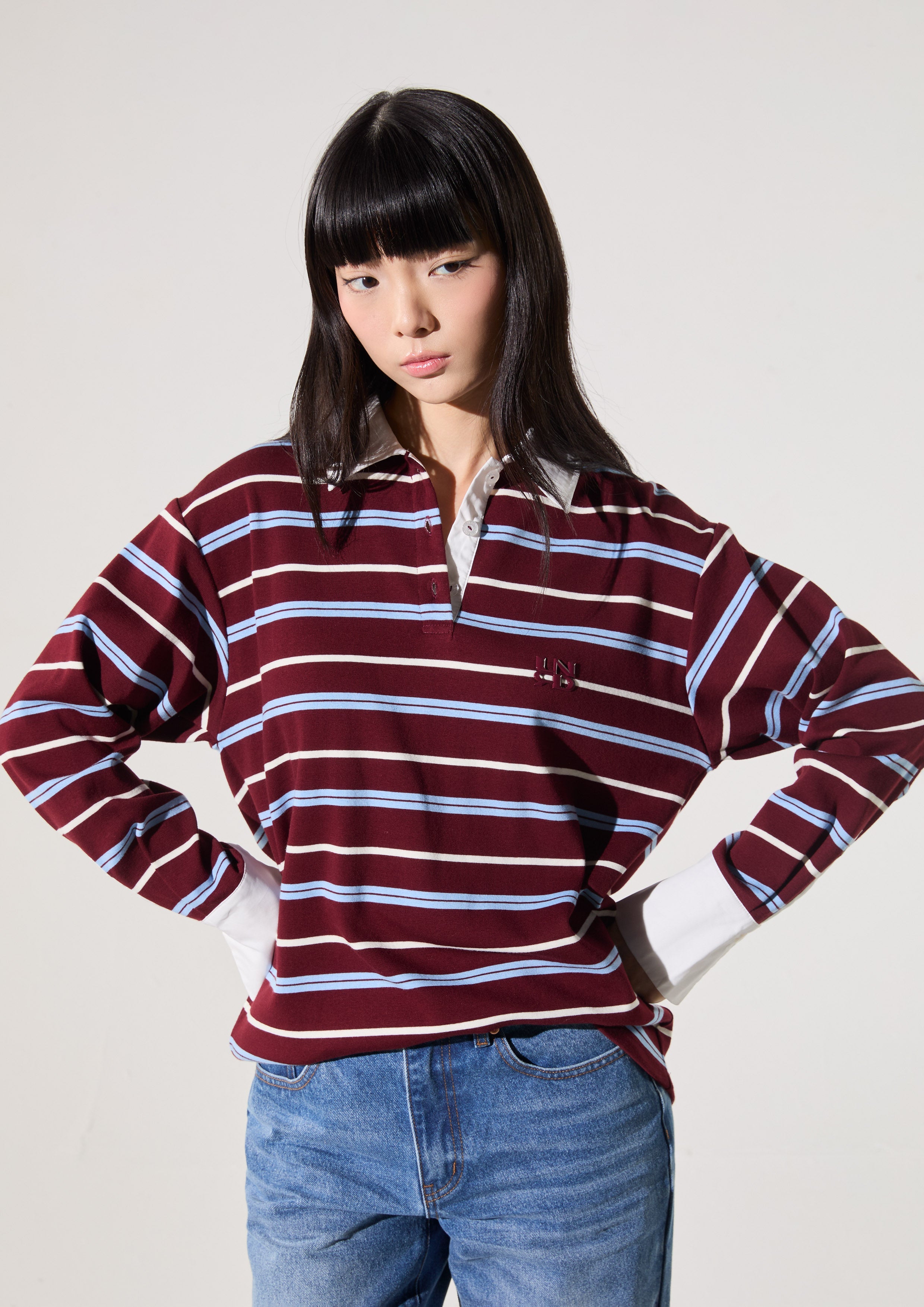 Stripe Long Sleeve Polo Top Rouge Luck