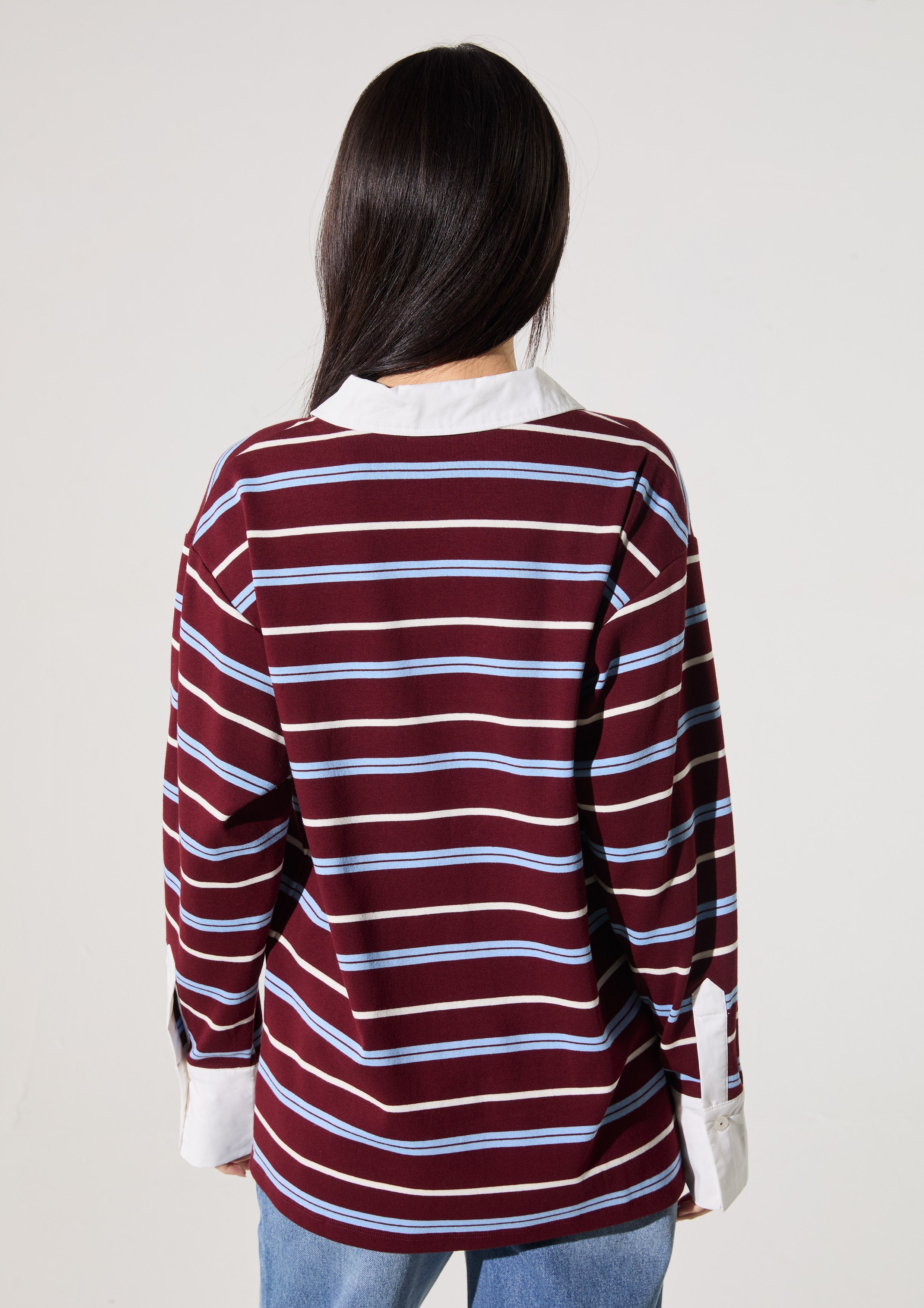 Stripe Long Sleeve Polo Top Rouge Luck