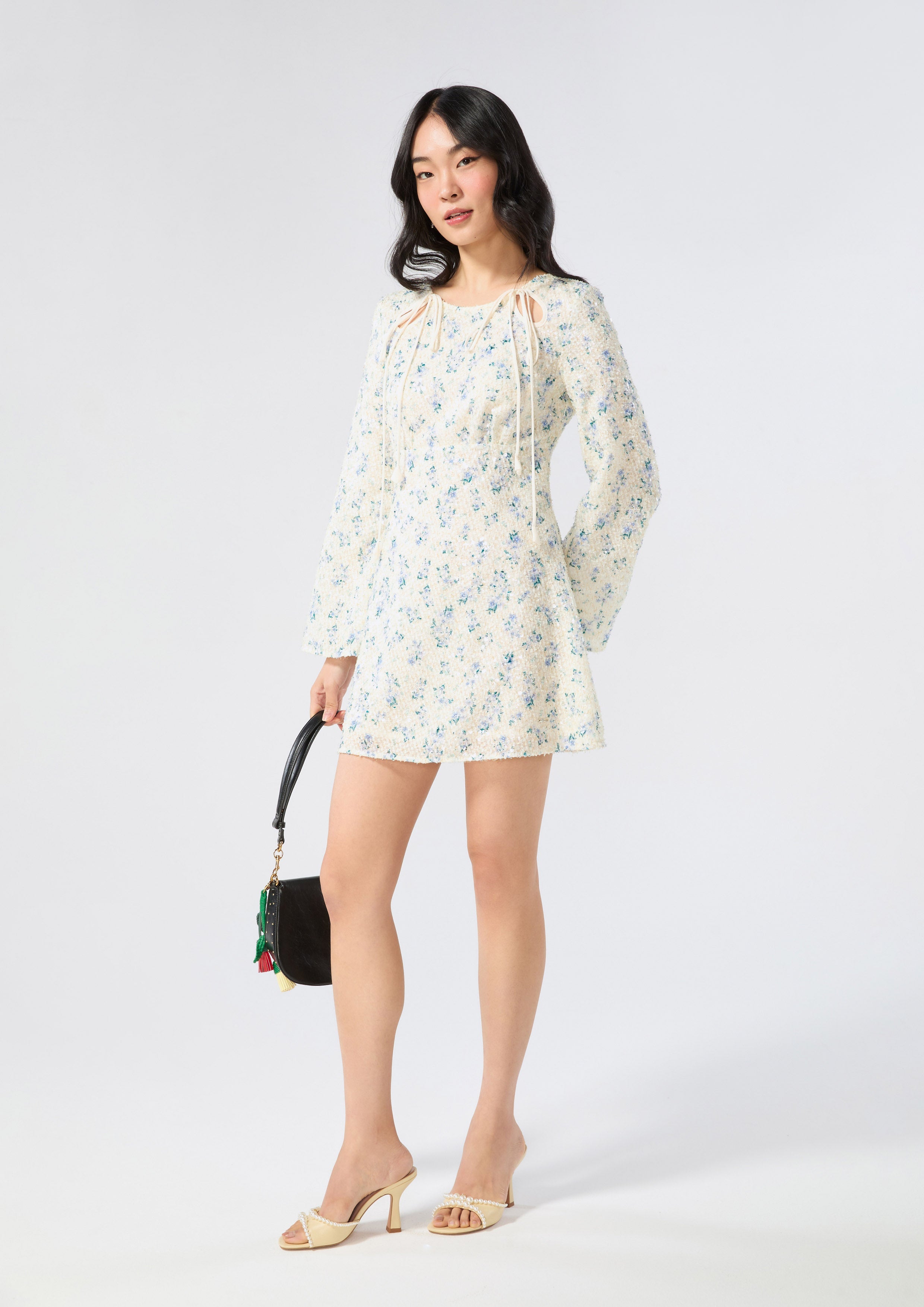 Sequin Floral Long Sleeve Mini Dress Bloom Affair
